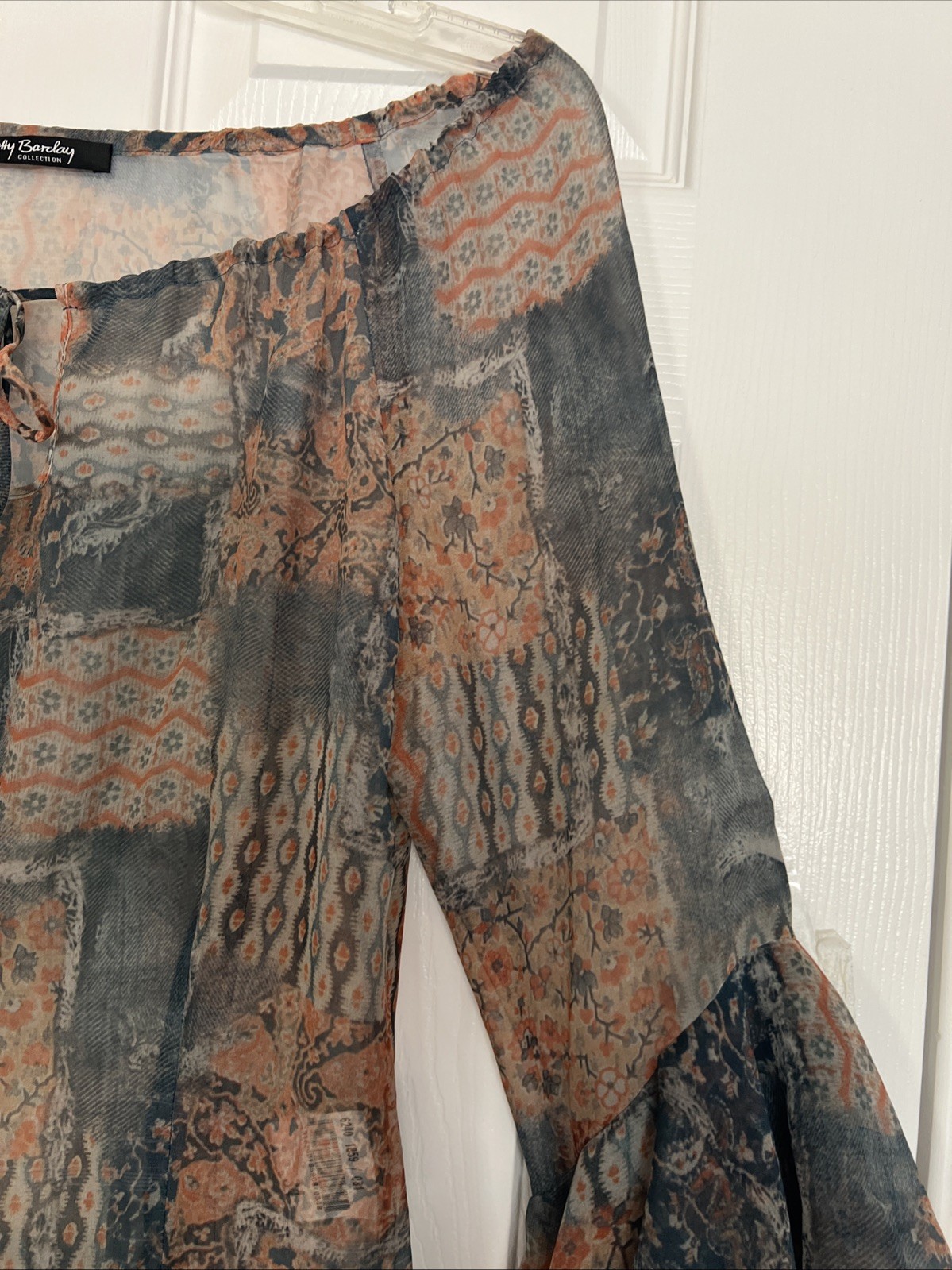 Vintage Betty Barclay Brown And Gray Flowy Butterfly Bell Sleeves Retro Top Med