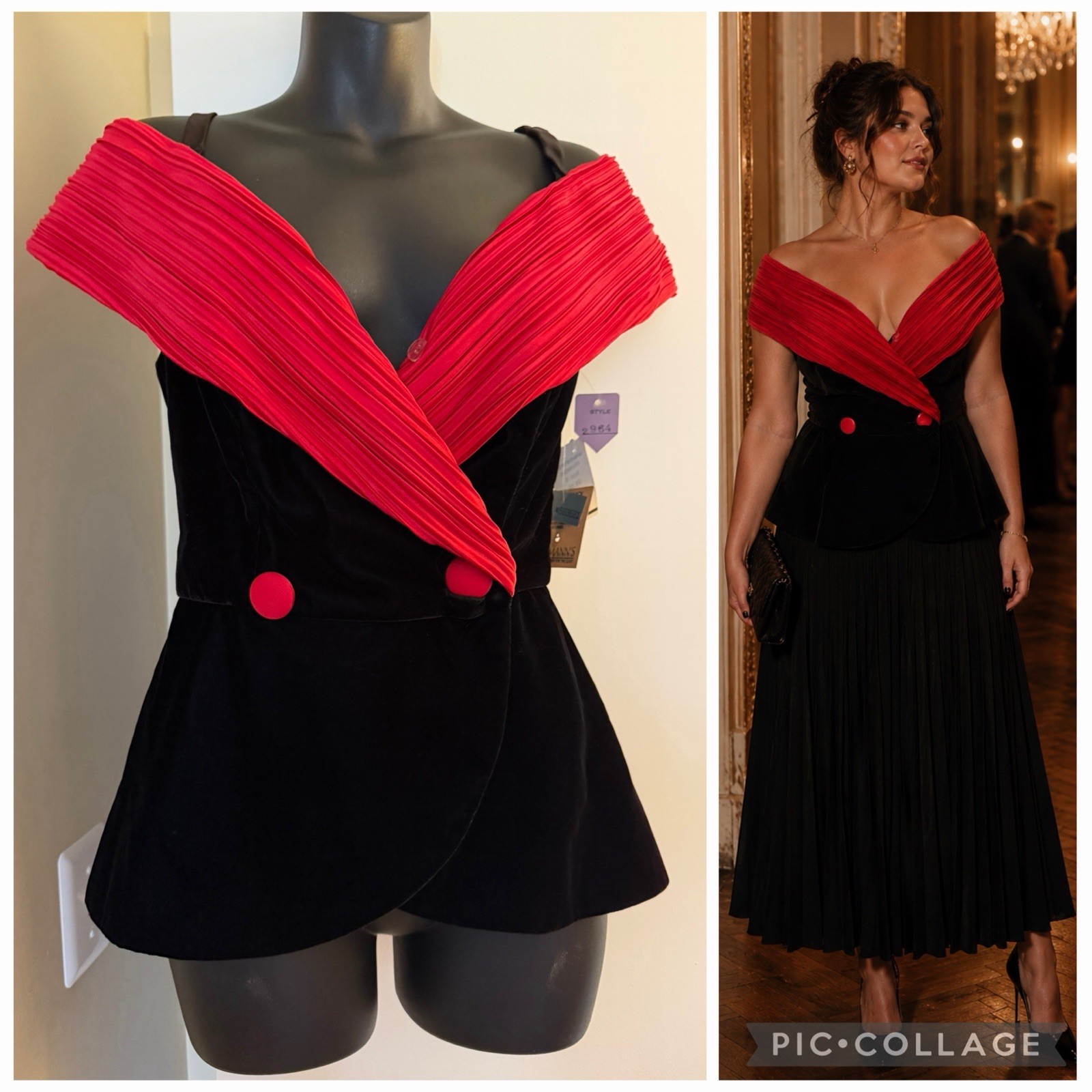 Vintage 80’s Made In USA WITH ORIGINAL TAGS Velvet Black And Red Peplum Top