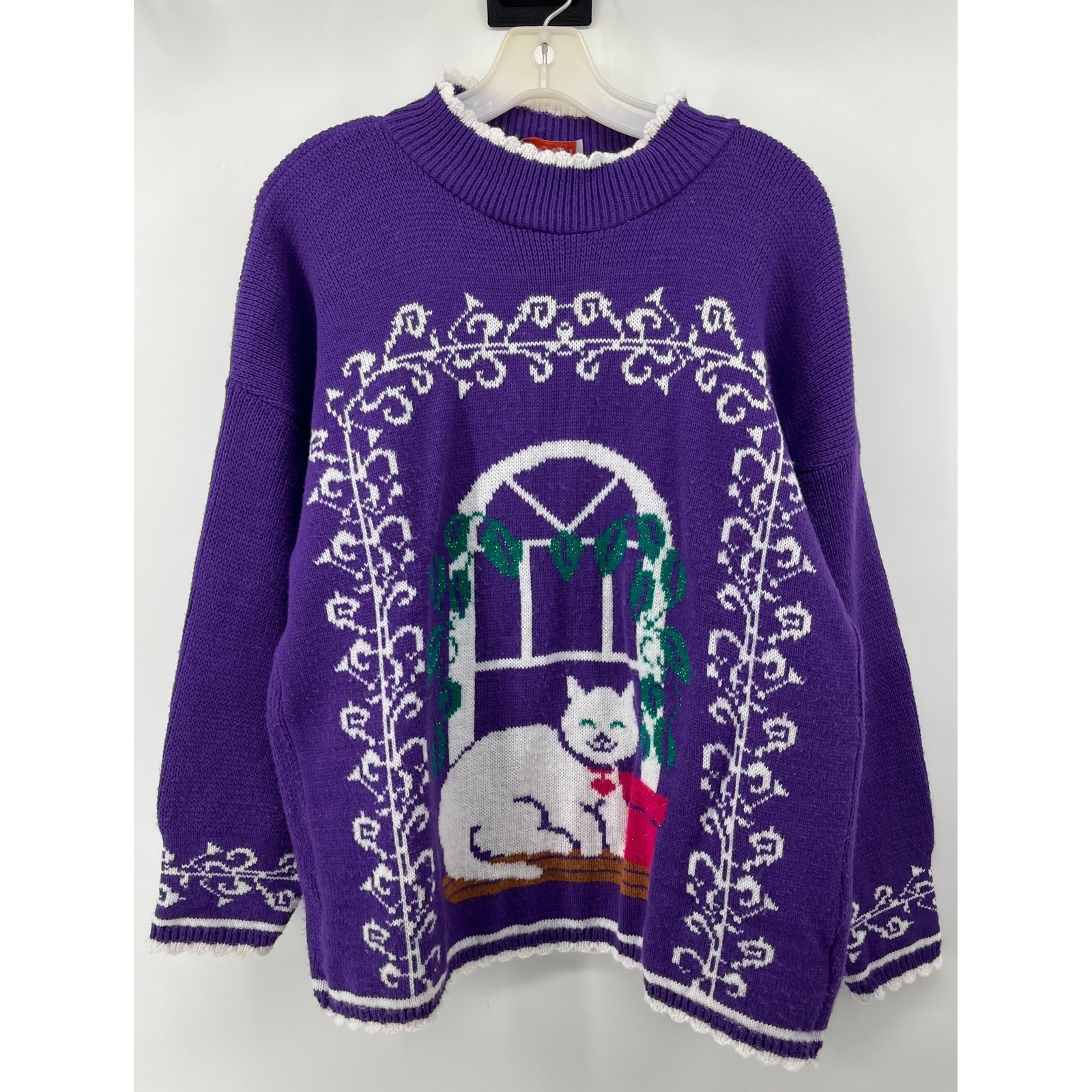 Vintage Spunky Purple Cat Window Intarsia Knit Sweater Mock Neck Scalloped Trim