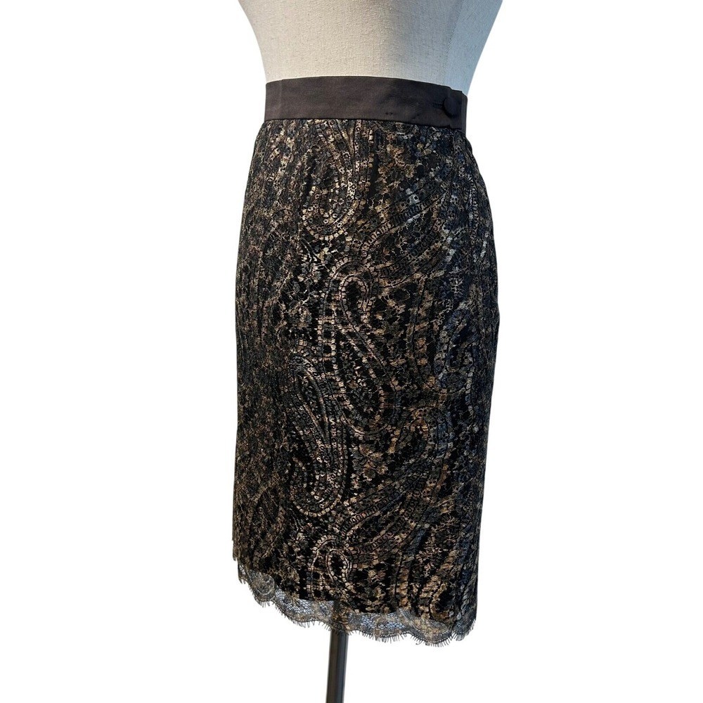Escada Lace Pencil Skirt Metallic Gold Black Silk Vintage Size 36 US 4
