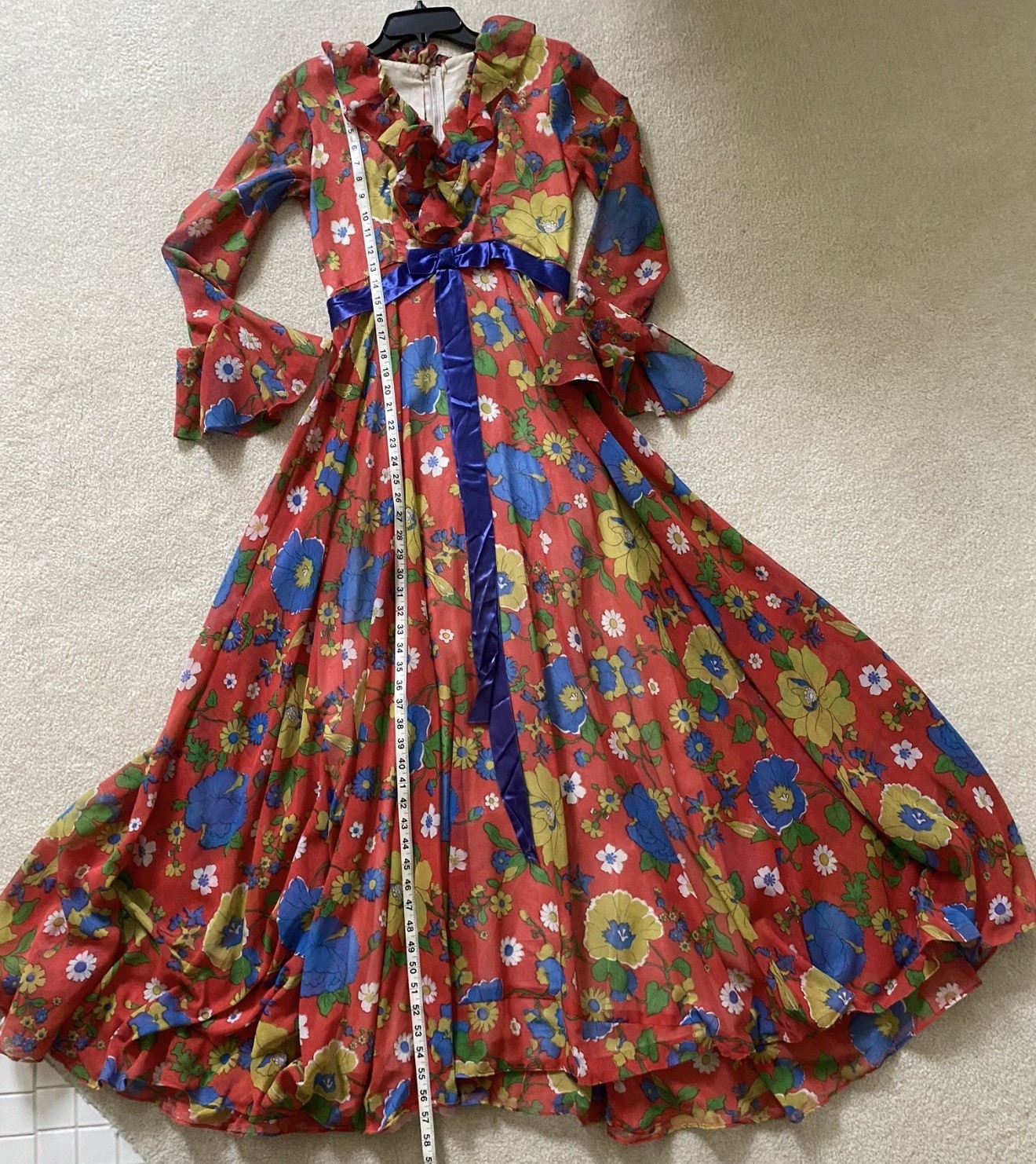 Fabulous Vintage 70’s Floral Long Gown Ruffle Detail VTG 10/Small Red w Blue