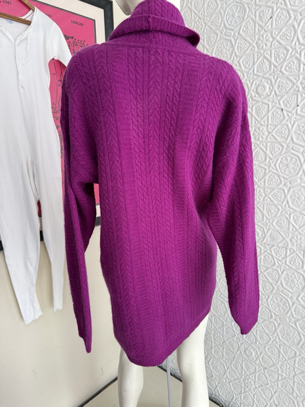vintage sweater 1980s lambswool angora cable knit turtleneck pink M oversized