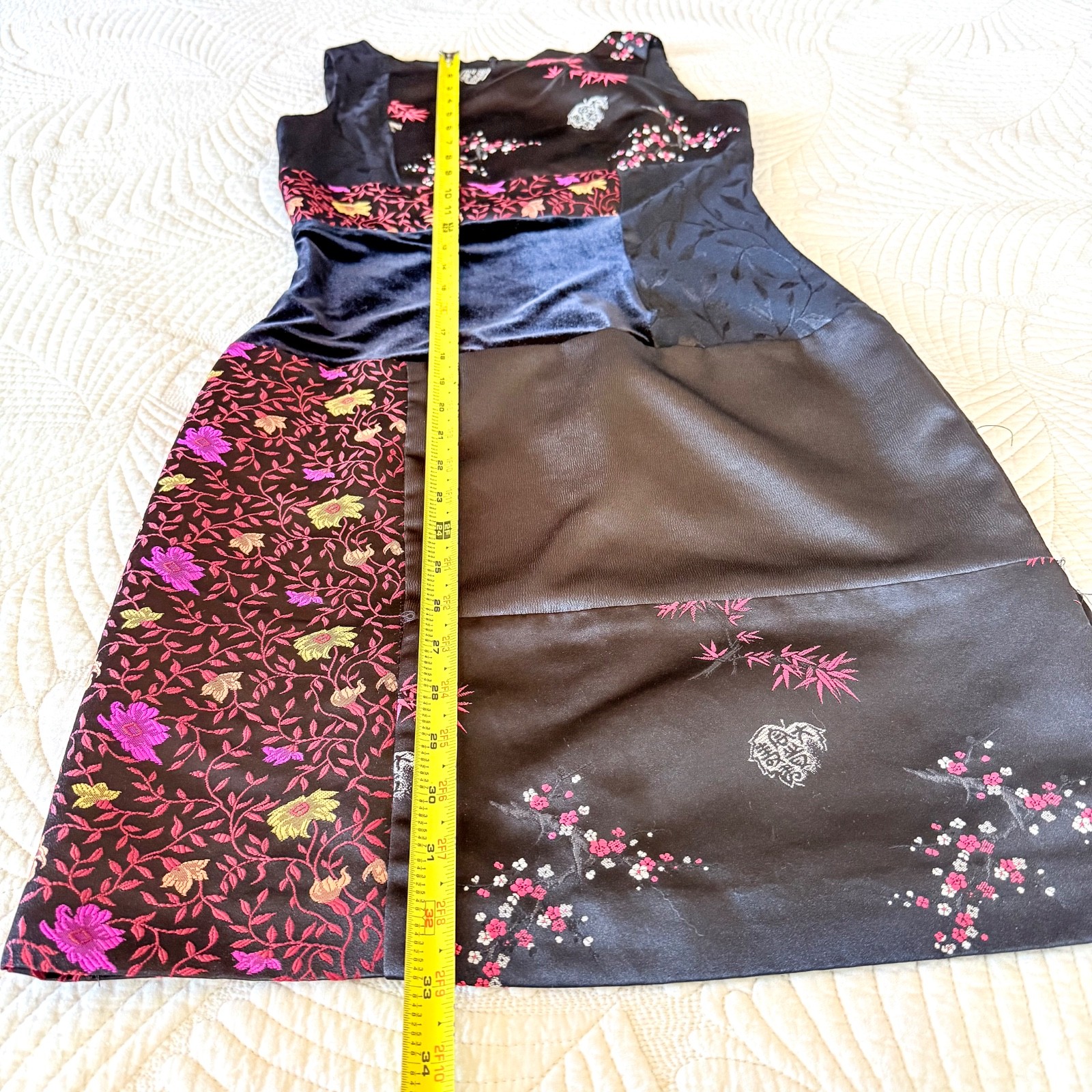 VTG 90s Asian Whimsigoth Patchwork Floral Brocade & Velvet Sheath Dress Size 2P