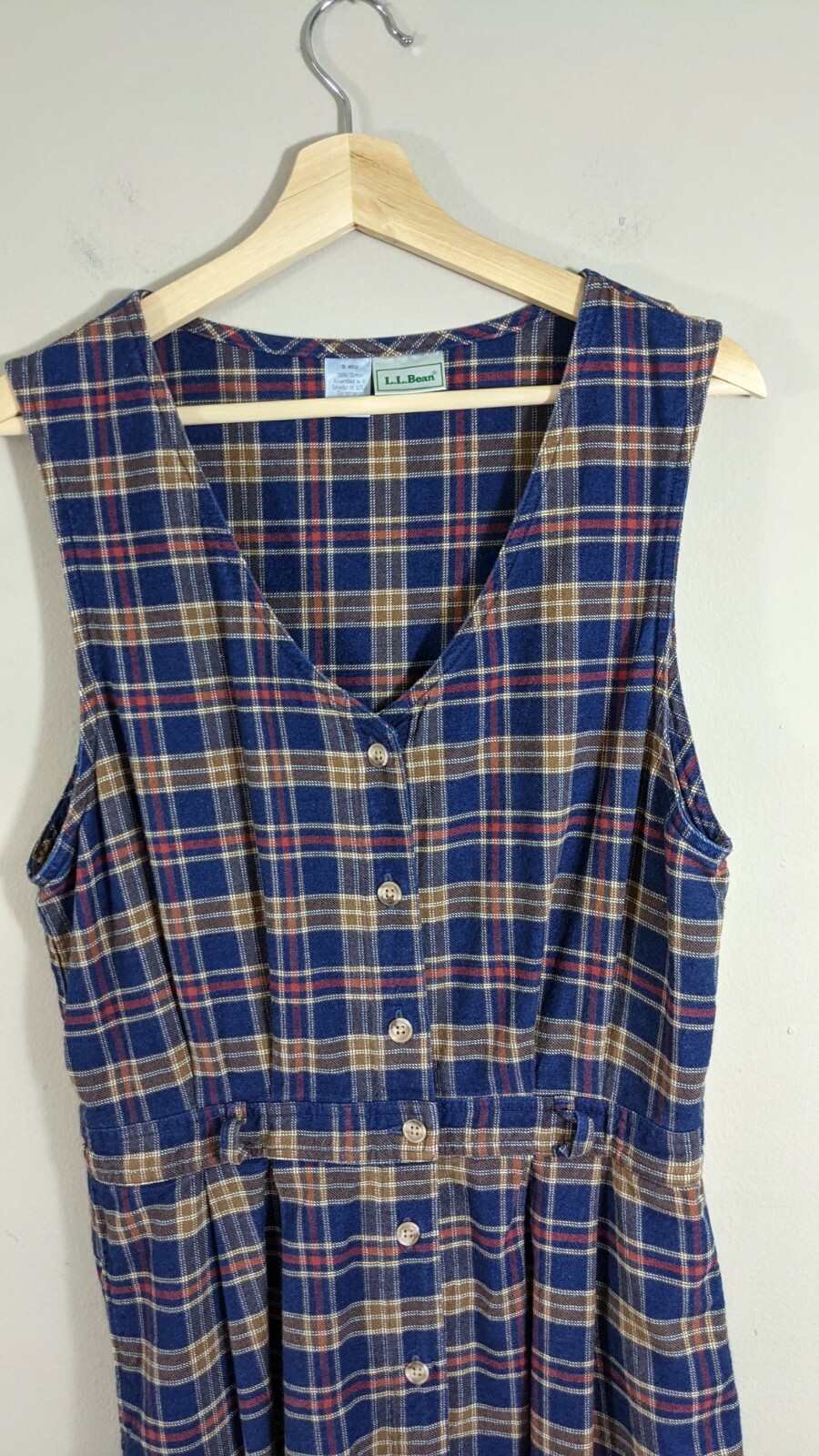 Vintage L.L. Bean Blue plaid Cotton Flannel Dress size M/L 1990’s 90s pockets