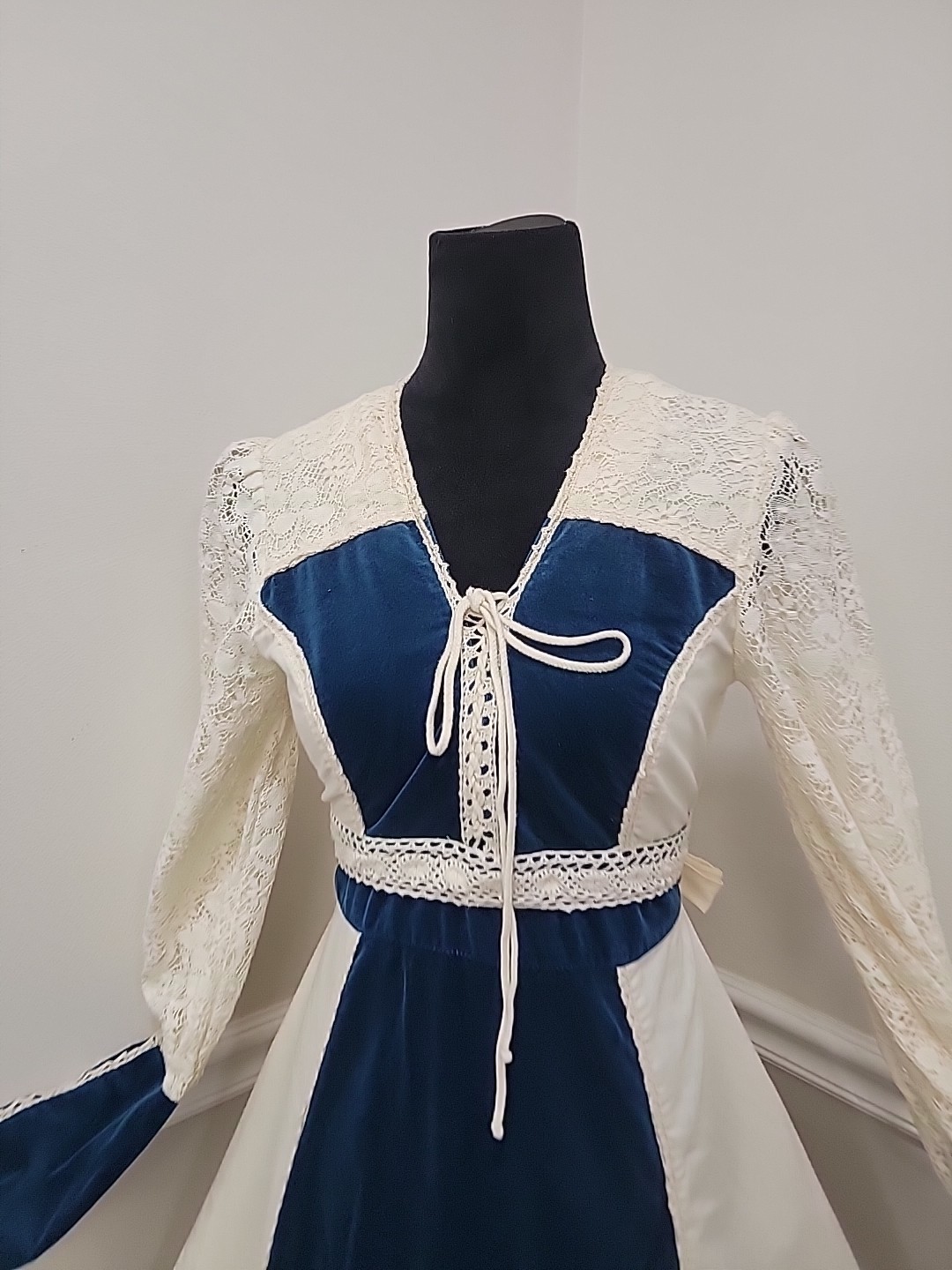 VTG Gunne Sax By Jessicas Prairie Lace Corset Maxi Dress Ivory Blue Boho