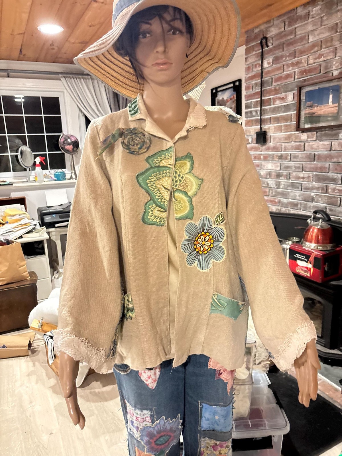 Upcycled Linen Jacket Handmade Boho Patchwork with Abstract Owl Design