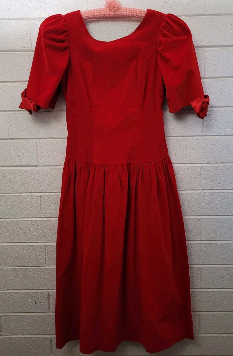 Vintage Misty Lane Red Velvet Midi Dress Big Bows 80s Size 3 / 4