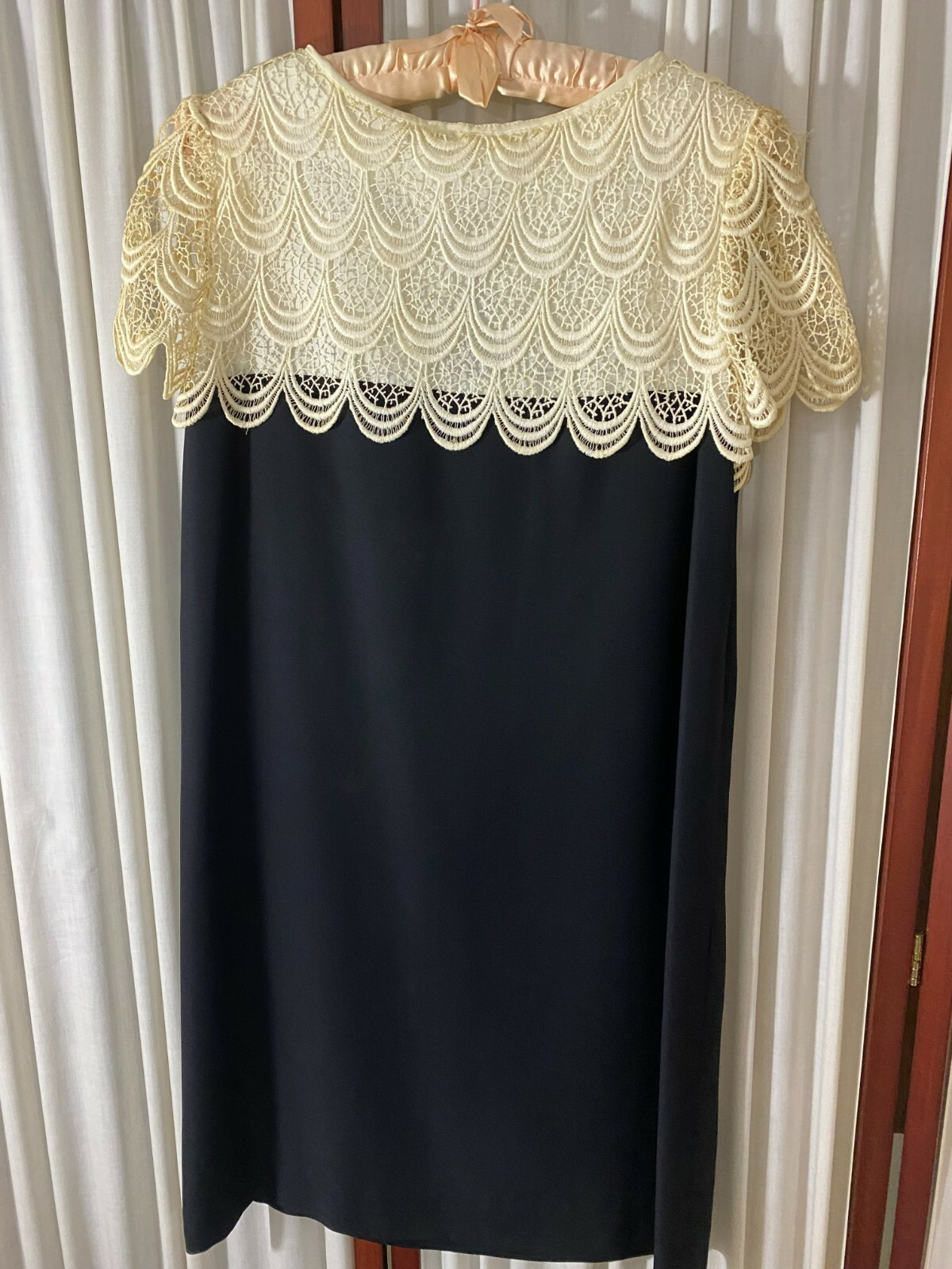 1950’s Cocktail Dress-M-Shift Style-Black Rayon w/Cream Lace -VG-CLASSY- SALE