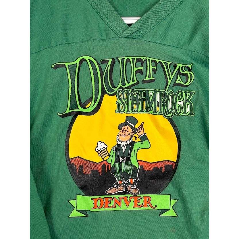 Vintage Champion Duffys Shamrock Denver Jersey Shirt Green 3/4 Sleeve Mens M