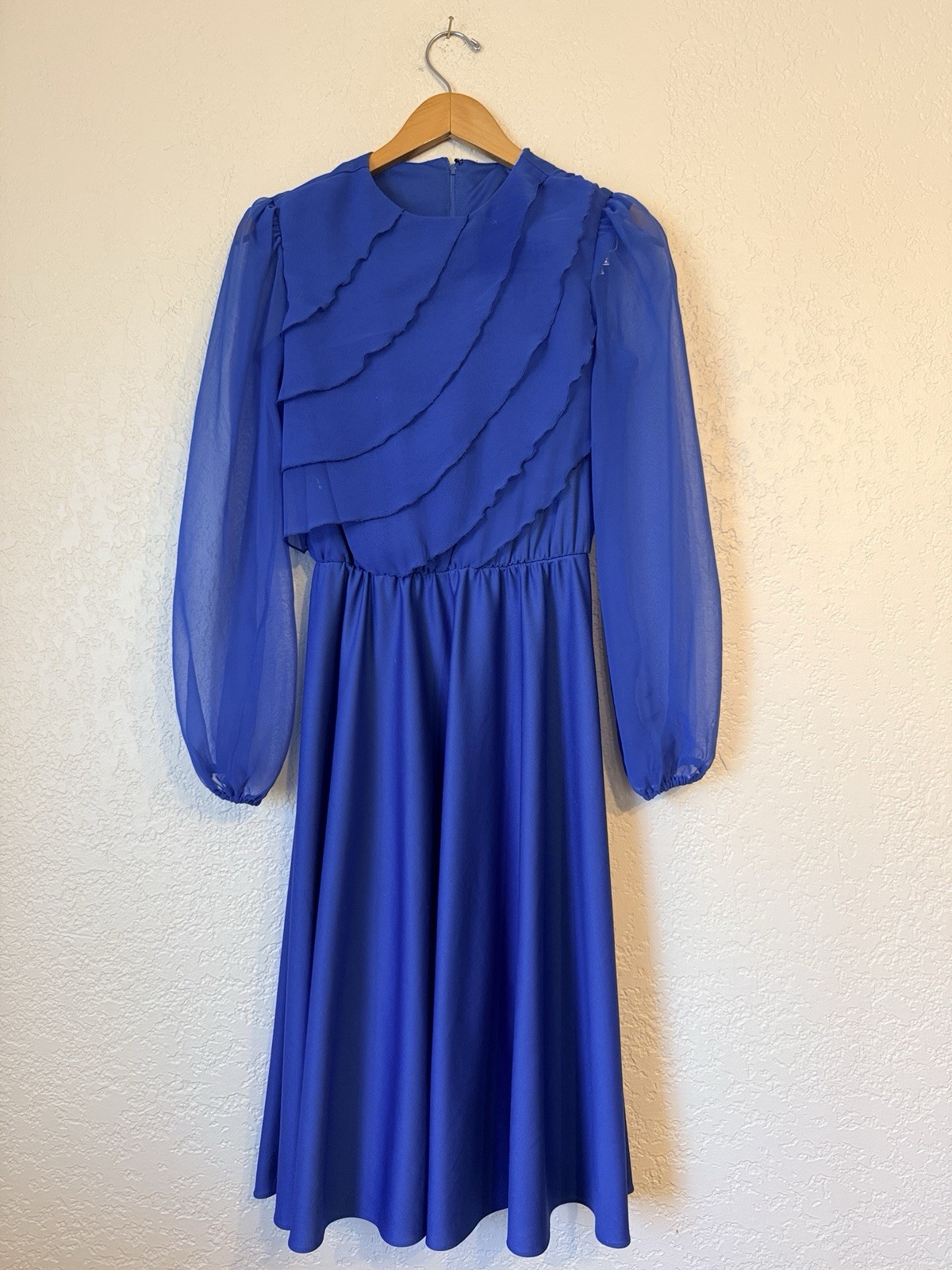 Amy-Deb Vintage 80s Blue Chiffon Ruffle Midi Dress Deadstock NWOT Sz 10