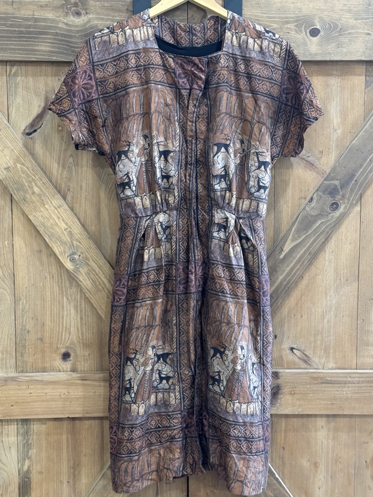 IRENE Lentz For Bullocks Wilshire Vintage Dress Brown Peruvian Sz S/M