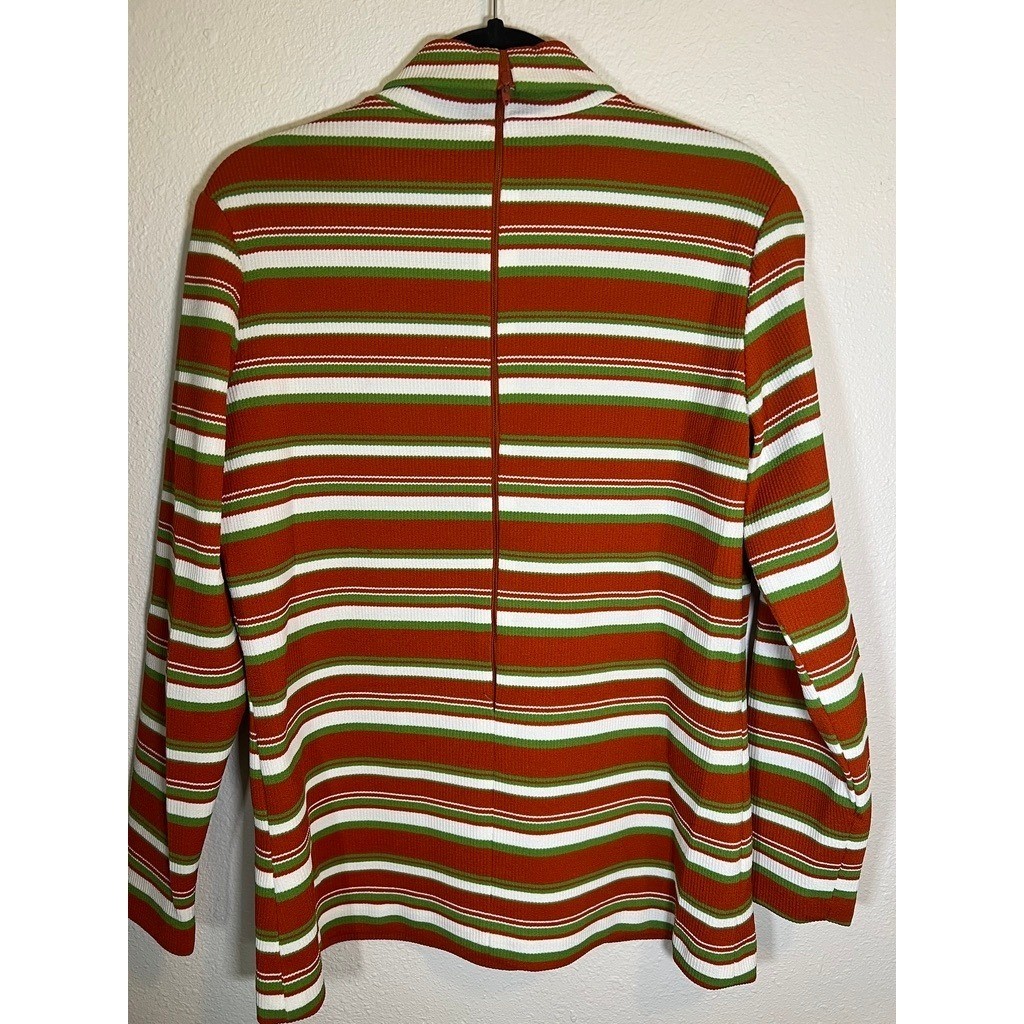 Vintage Mock Turtleneck Top M Striped 1970s Zip Ribbed Knit Poly Orange Green