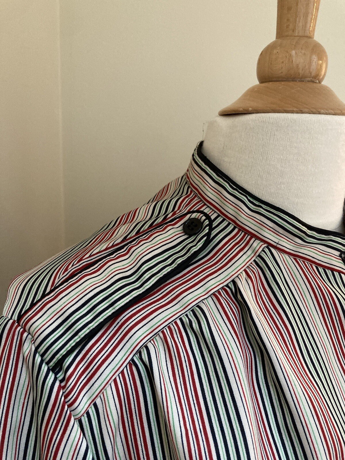 Vtg 70s Nancy Greer Striped Shirt Dress Tan Black Red Green 28 in Waist Small