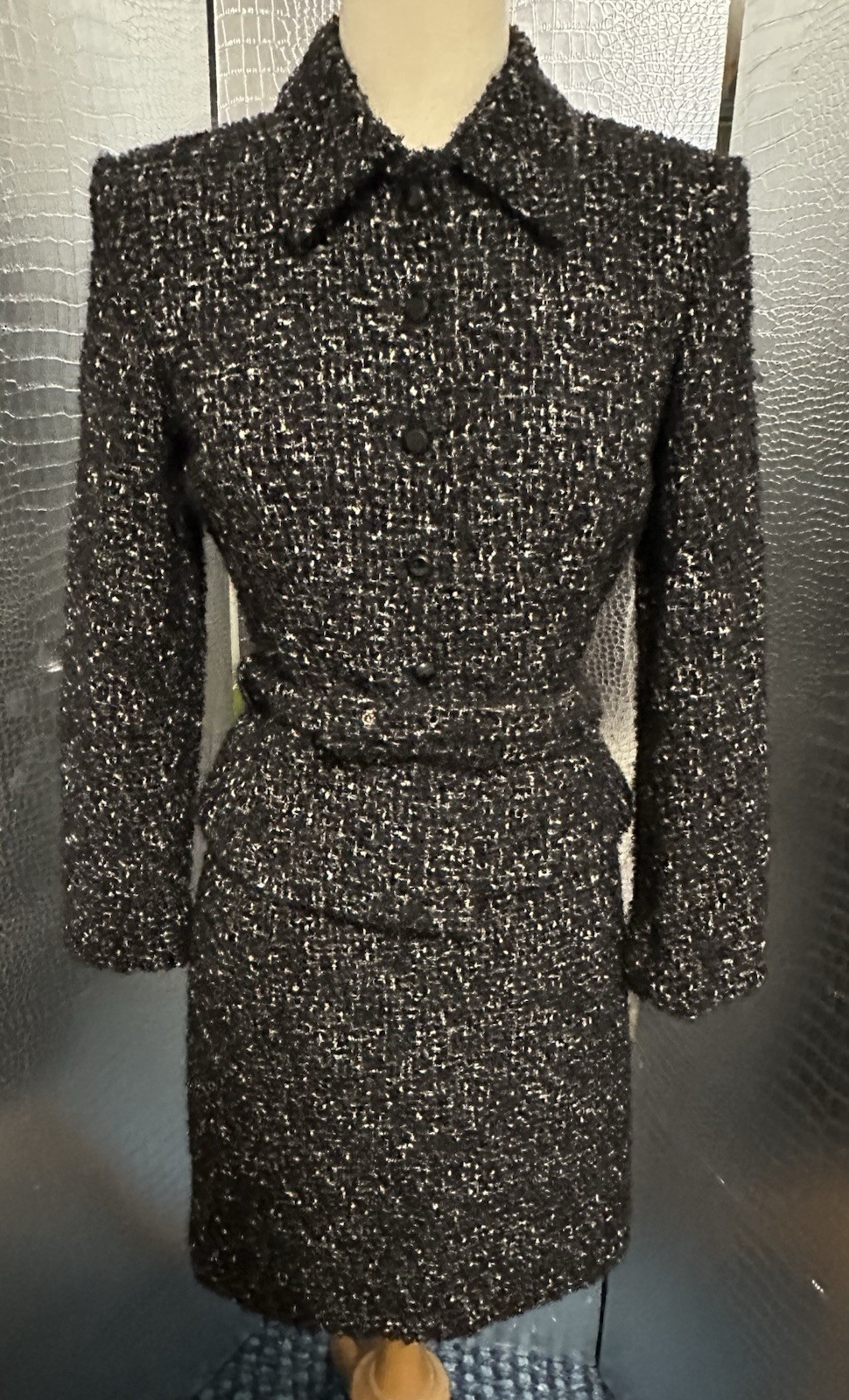 Sui By Anna Sui Vintage Black White Tweed Long Sleeve Belted Skirt Suit SZ EU 42
