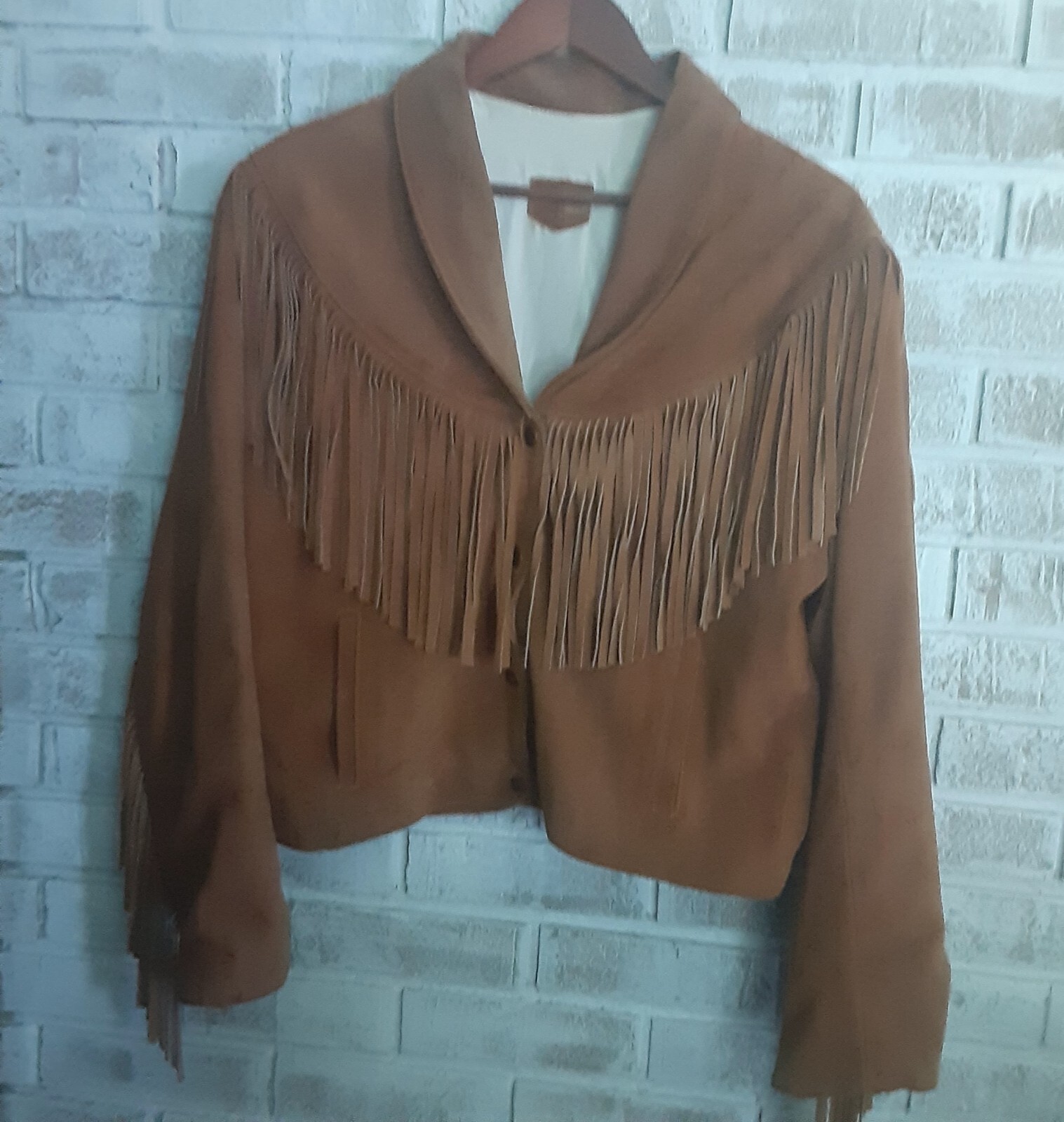 Vintage Handcrafted Mexican Leather Fringe Midriff Jacket L Snap Button NOTE