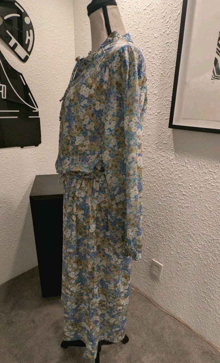 Vintage 70s Polyester Floral Midi PEASANT Dress Bohemian Prairie L/XL