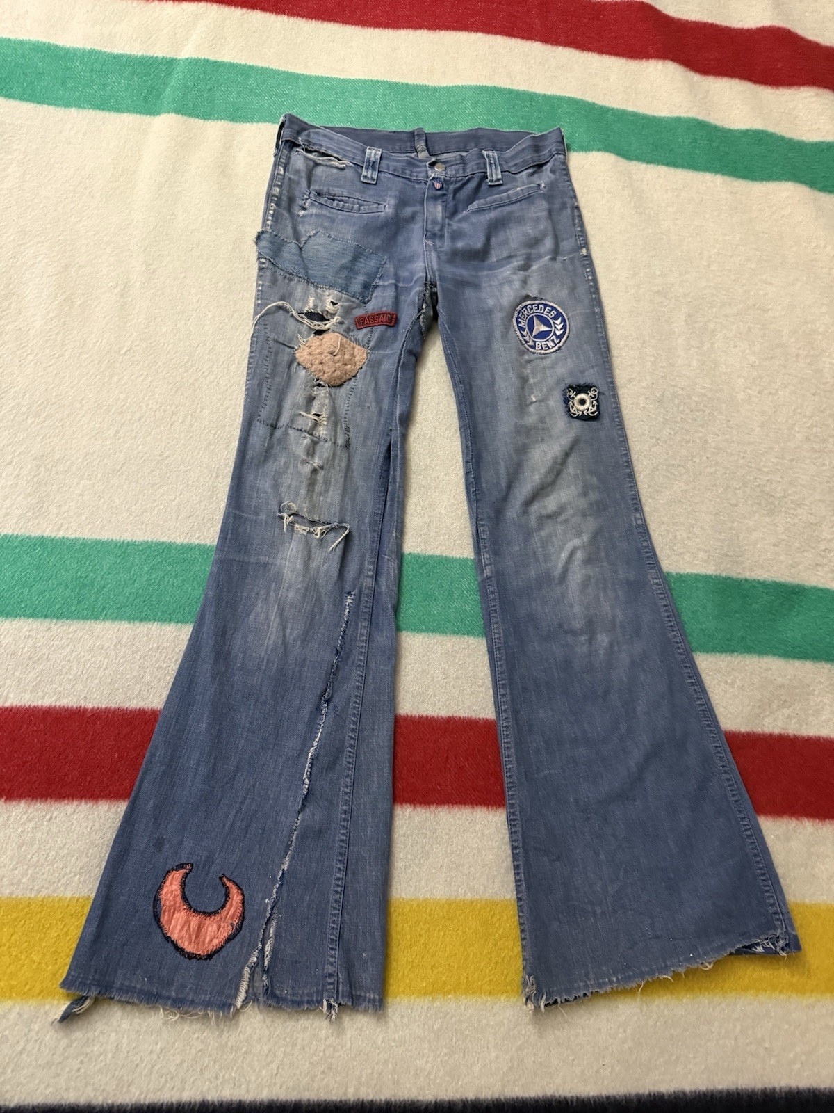 Vintage 60s 70s Patchwork Hippie Flare Bell Bottom Jeans 30×31.5 Porsche Audi