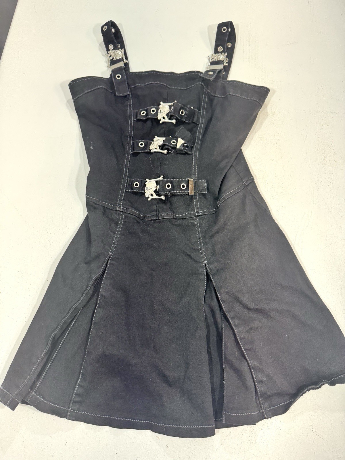 Vintage RARE Tripp Pleated Black Mini Dress With Skull Buckles Medium