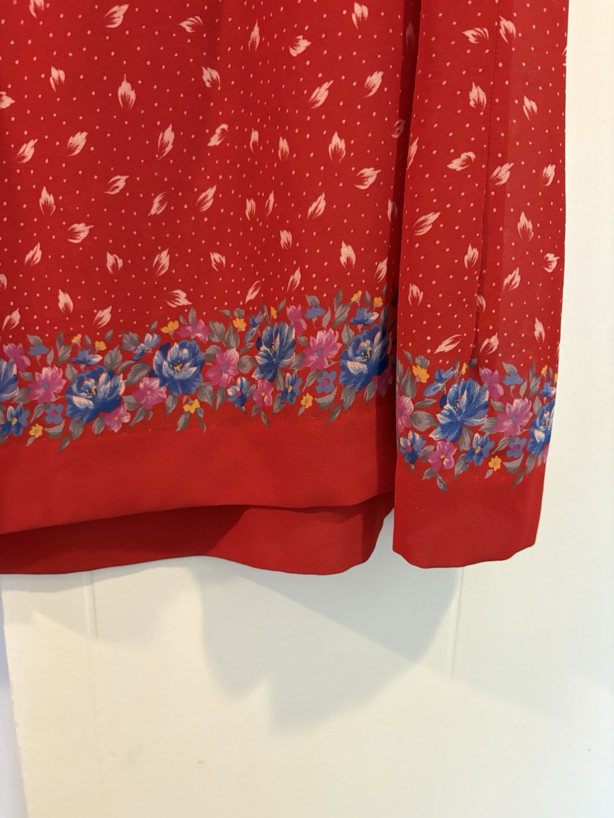 Vintage Unlabeled 70s Floral Small Poka Dot Dress Short Sleeve Red Dress Sz M