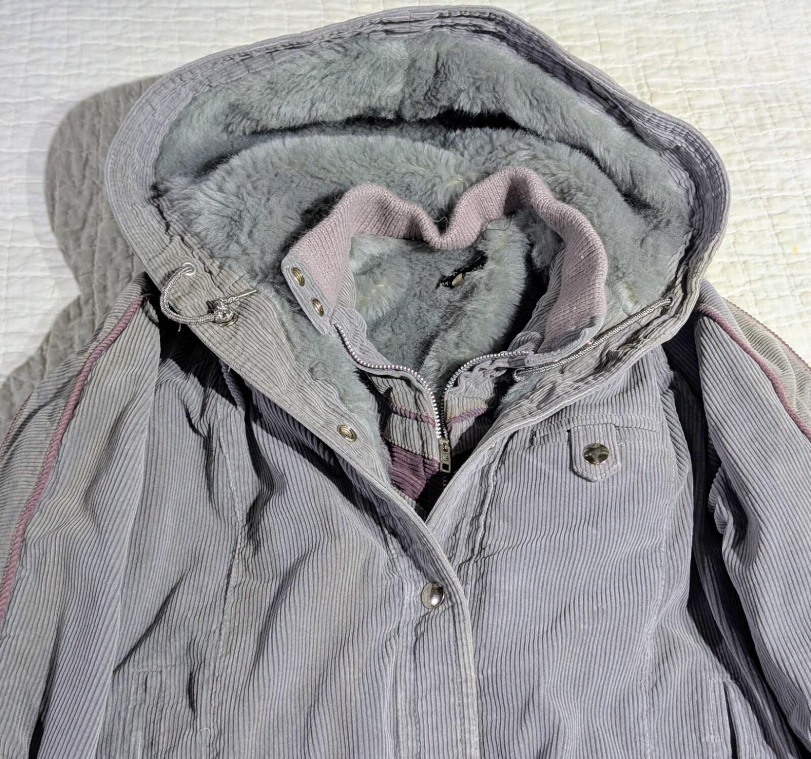 Vintage Mod Maid Coat 60s 70s Women’s SMALL Gray Corduroy Purple Trim Hooded