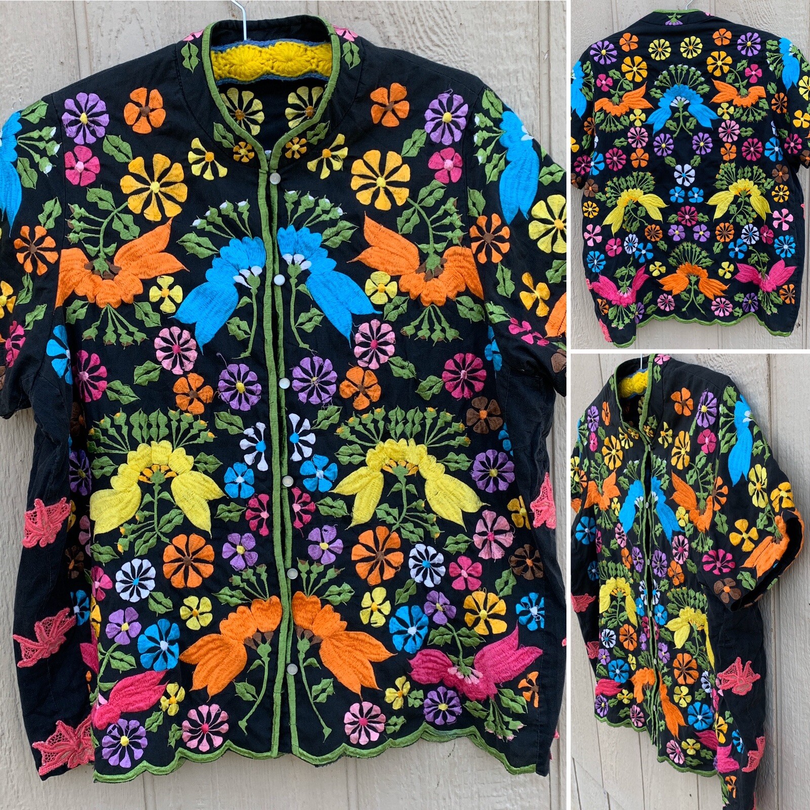 Vintage Embroidered Blouse Top Short Sleeve Mandarin Collar All Over Embroidery