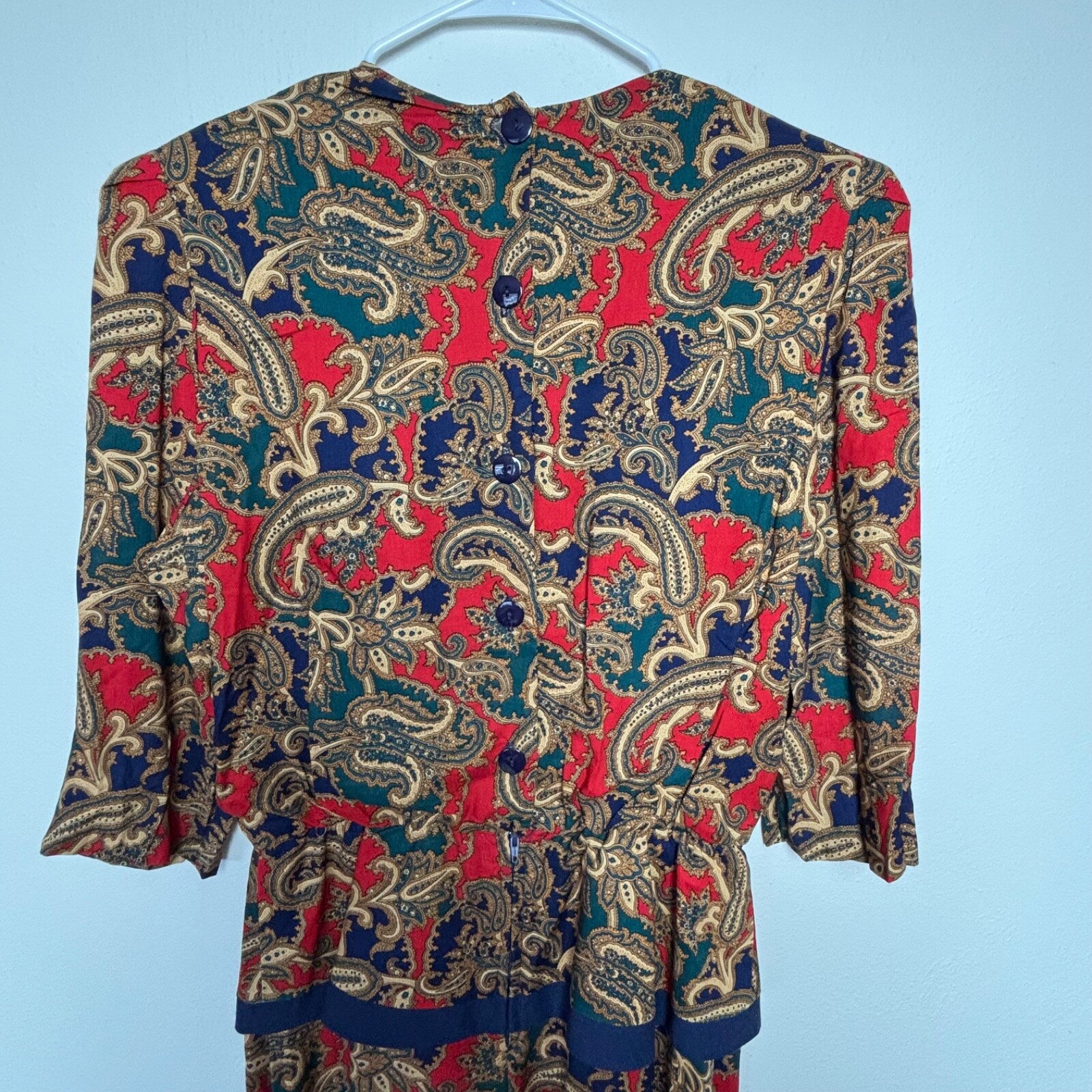 Vintage Lisa Petites Peplum Dress SZ 16 Red Paisley 3/4 Sleeve 80s Secretary