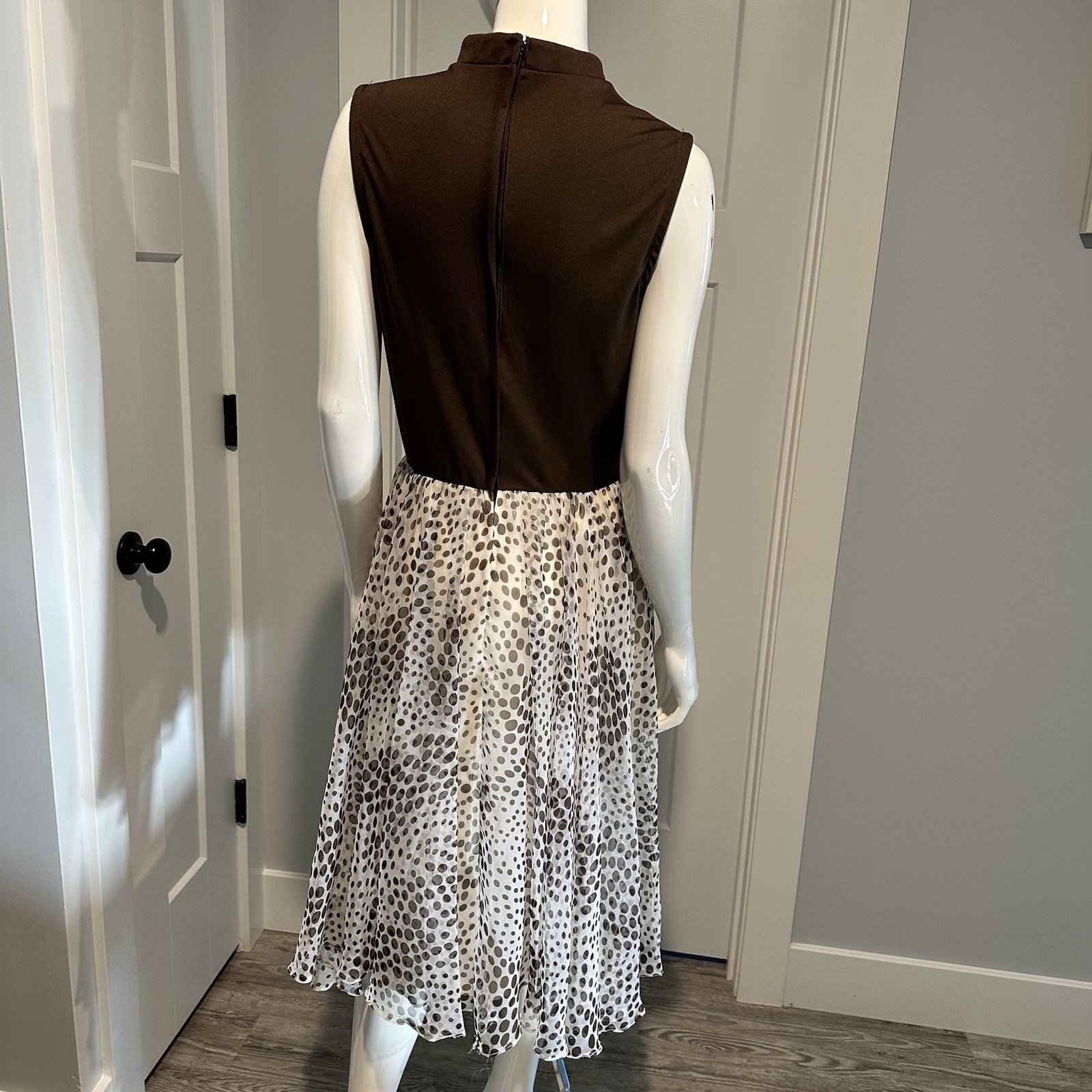 Vintage 60s 70s Jack Bryan Chocolate Brown Polka Dots Chiffon Sleeveless Dress