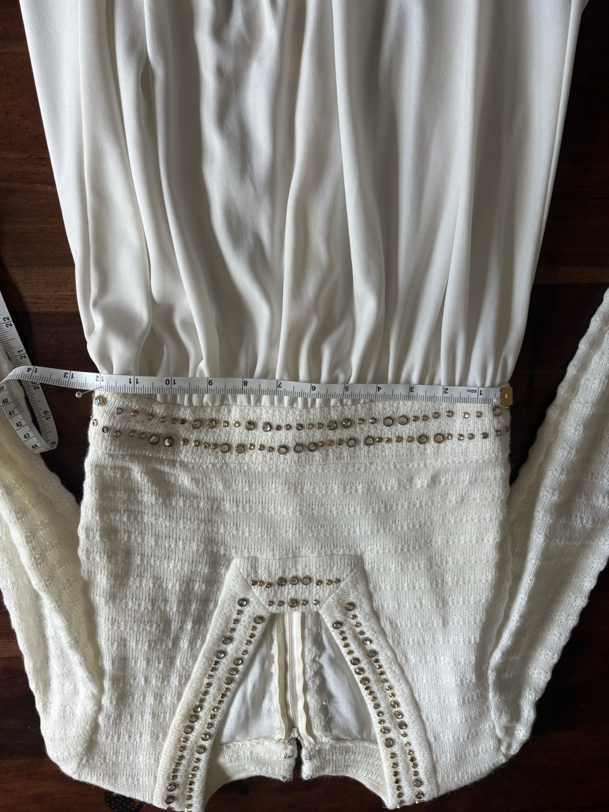 Vintage 1970s White Bridal Gown Rhinestone Knit Bodice Maxi Dress ILGWU USA 8
