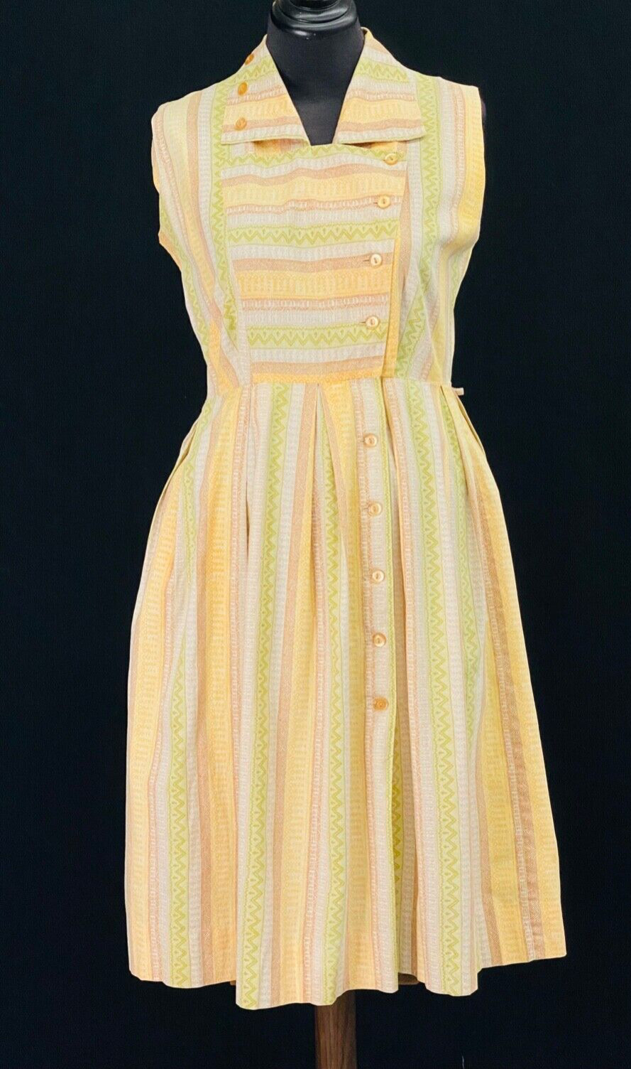 Vintage 1950s yellow green sleeveless dress, asymmetric shirt collar cotton L XL