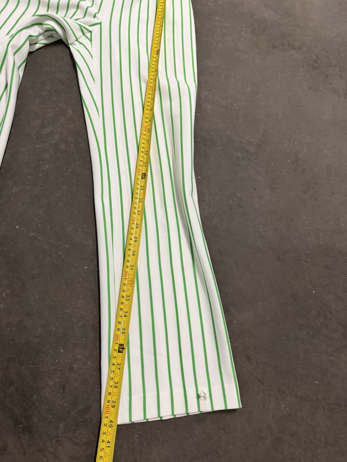 Vintage 1970s Green White Striped High Rise Polyester Trousers Hippy Retro