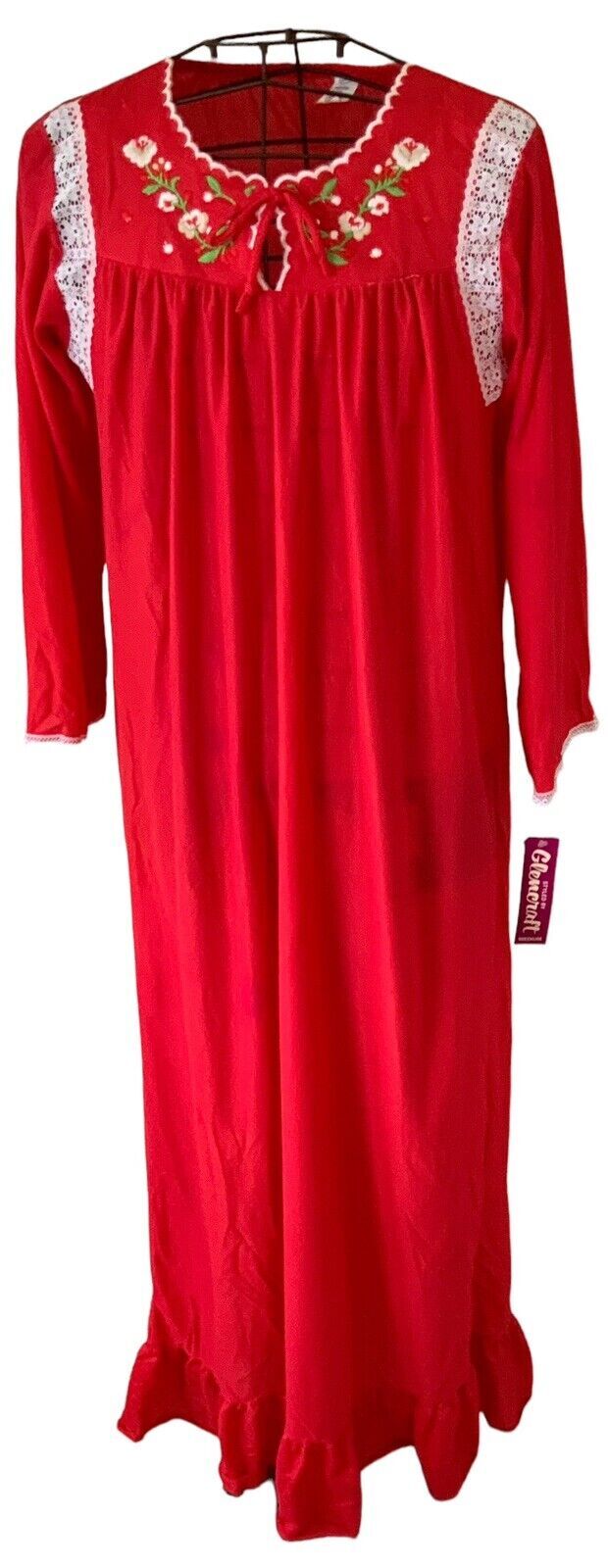 Vtg Glencraft Red Nightgown Embroidered Floral Detail—Union Made – SZ MED – NWT