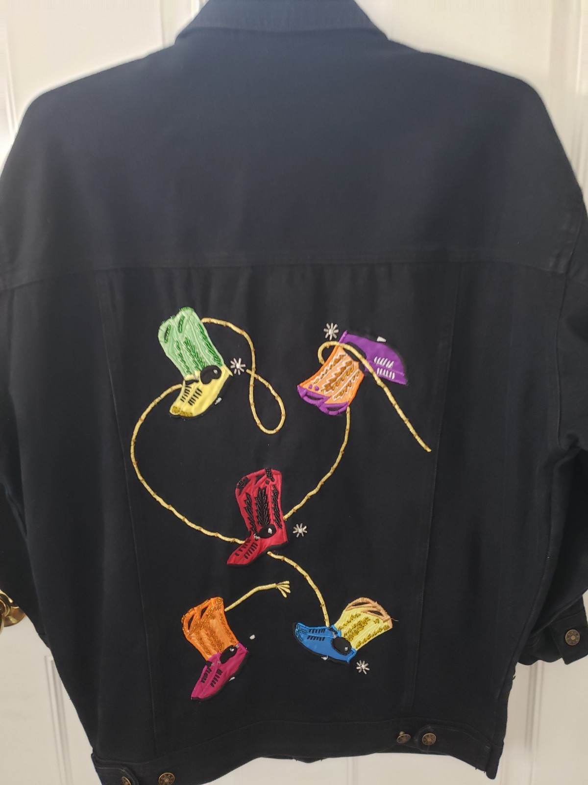 Vintage Women’s Black Denim Jacket Cedars Embroidered Cowboyboots SMALL 1990’s