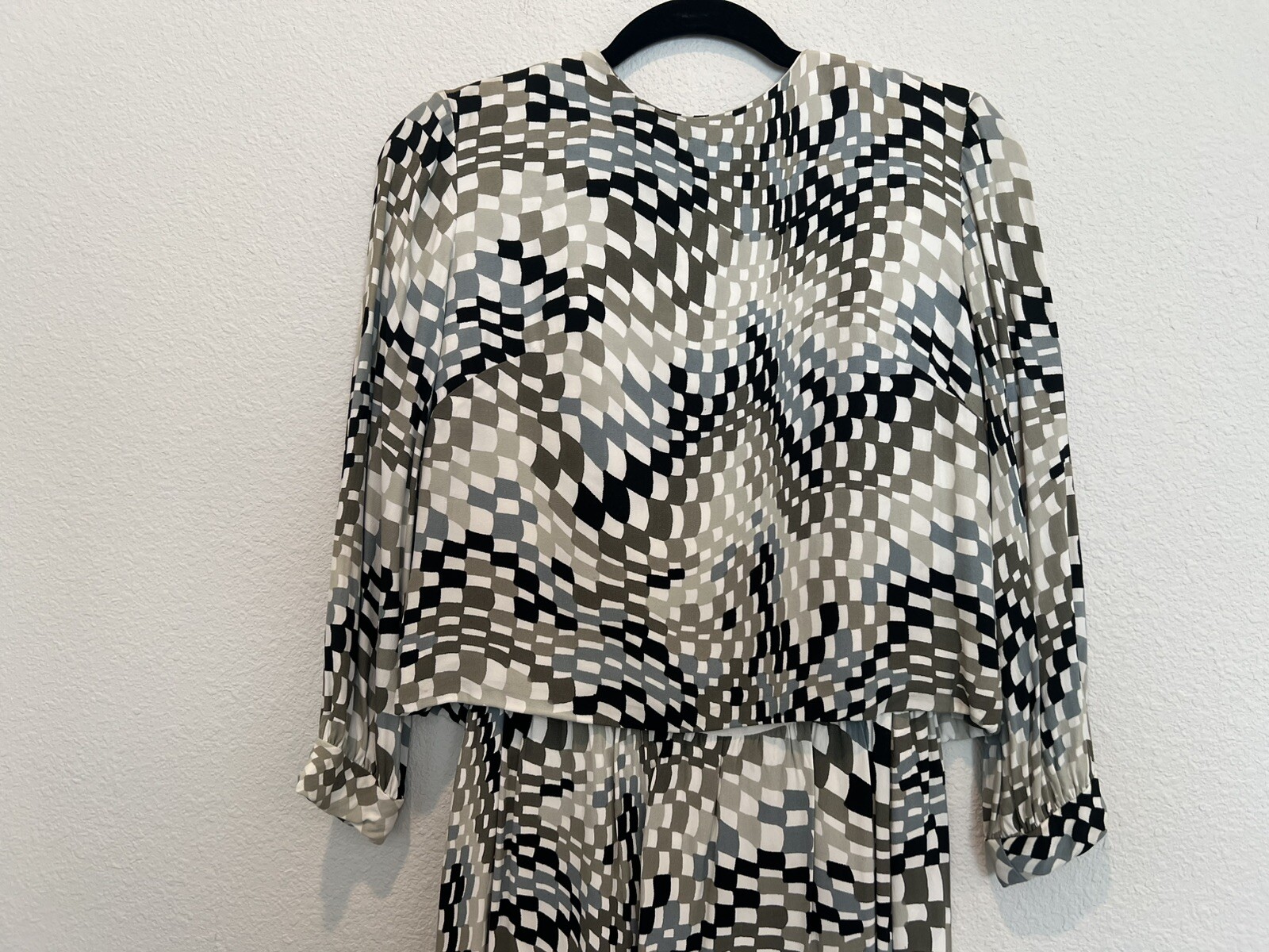 VTG 60s Bud Kilpatrick Checkered Print 2 Piece Dress Black White Brown Geometric