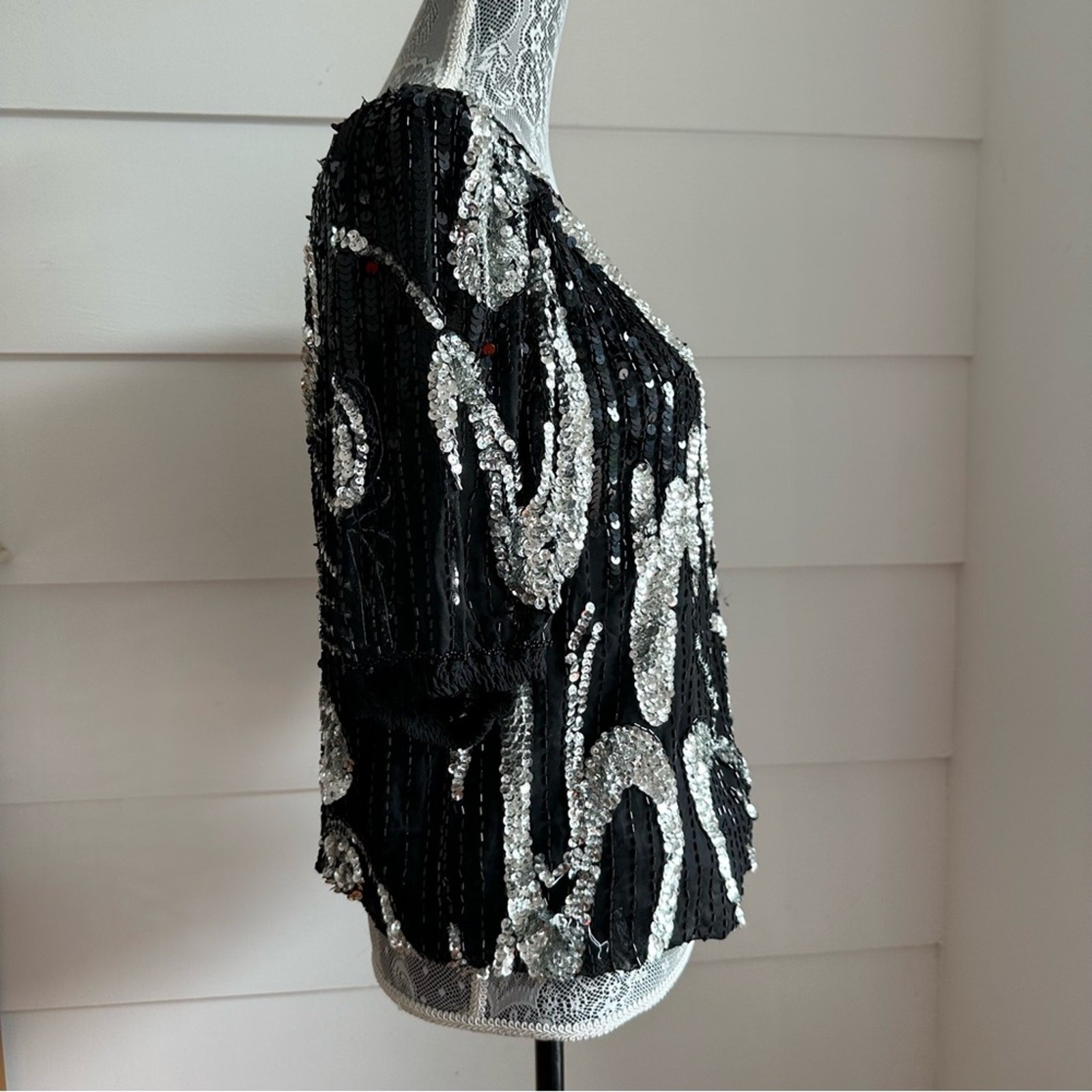 Vintage Oleg Cassini Silk Sequin and Beaded Blouse Holiday Party Festive Glam