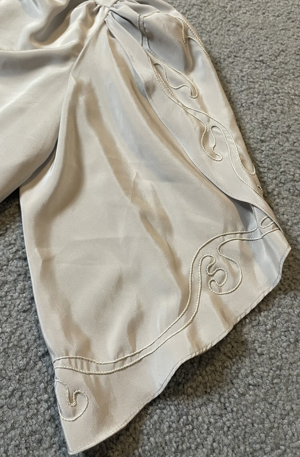 Vtg CHEZ CALIFORNIA Silver Satin Dress Sz L Tulip Sleeves Elegant Eveningwear