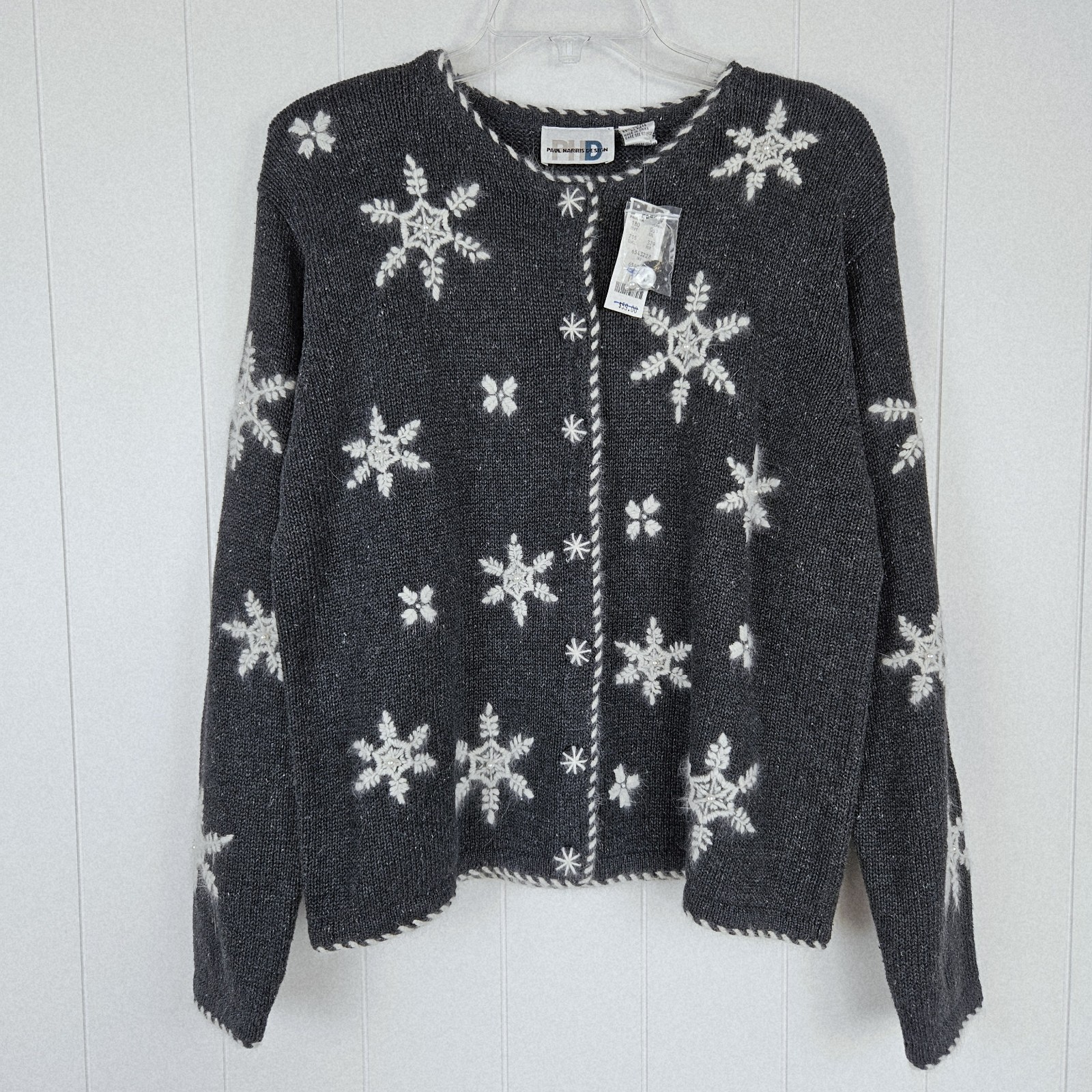 Vintage Paul Harris Christmas Cardigan Sweater Gray Snowflakes Winter Women L