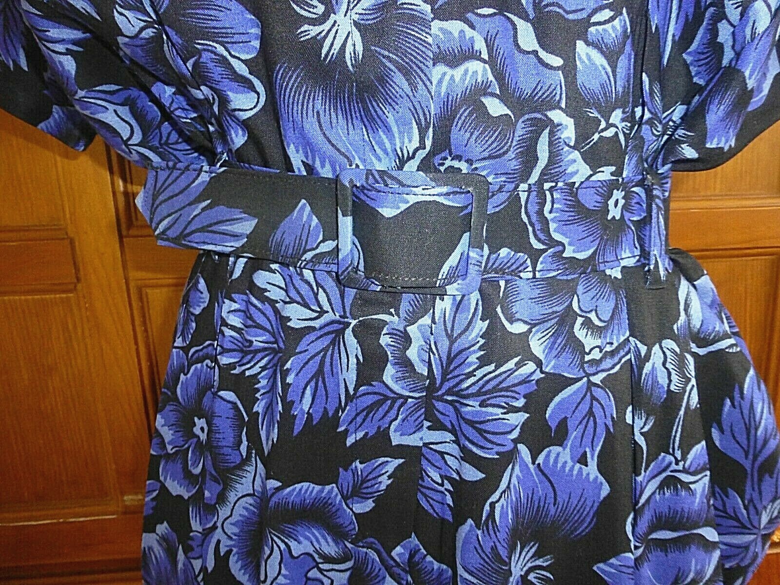 VTG 80s Midnight Floral Garden Print Dolman Slv midi BoHo Belted DRESS pockets