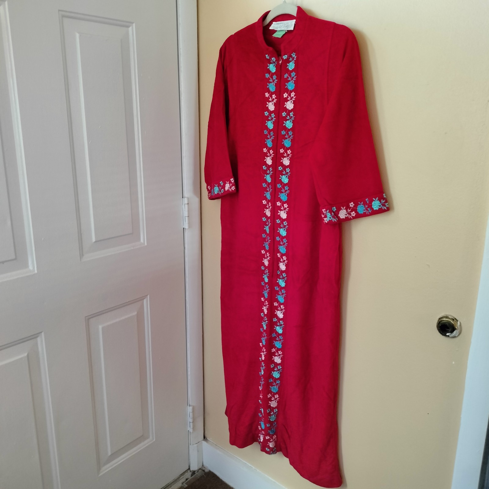 Evelyn Pearson Red Vintage Zip Floral Embroidery House Coat Robe S Golden Girls