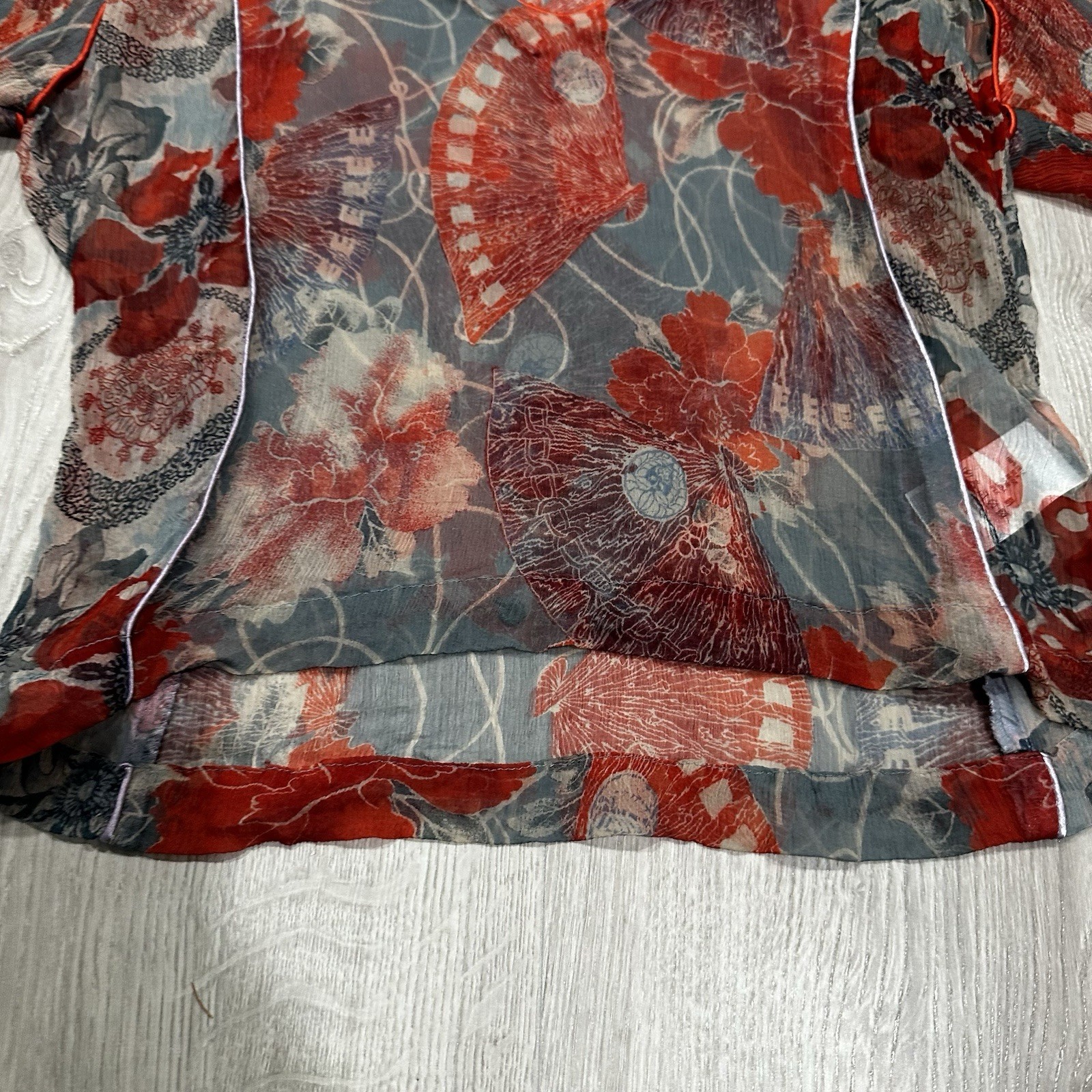 Vintage 1990s Y2K Diesel Japanese Fans & Floral Print Silk Chiffon Blouse Sz XS