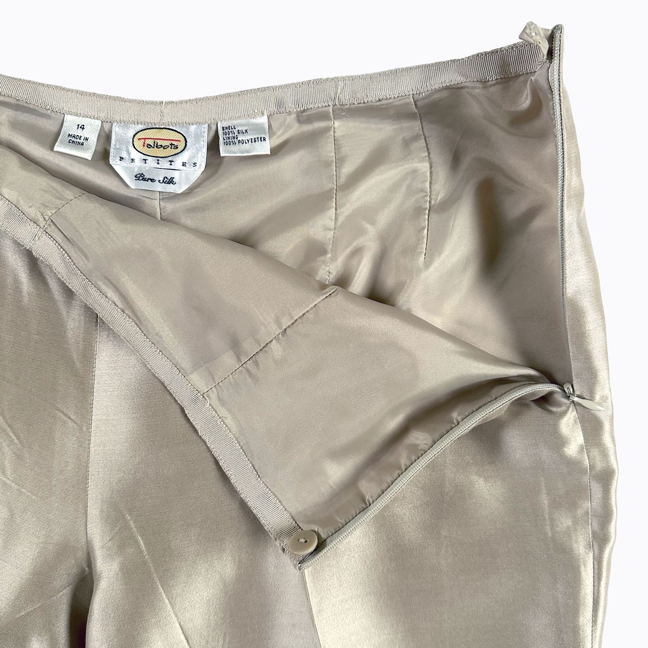 Vintage Talbots Pure Silk Champagne Pants 14P Side Zip Y2K 90s Luxury Old Money
