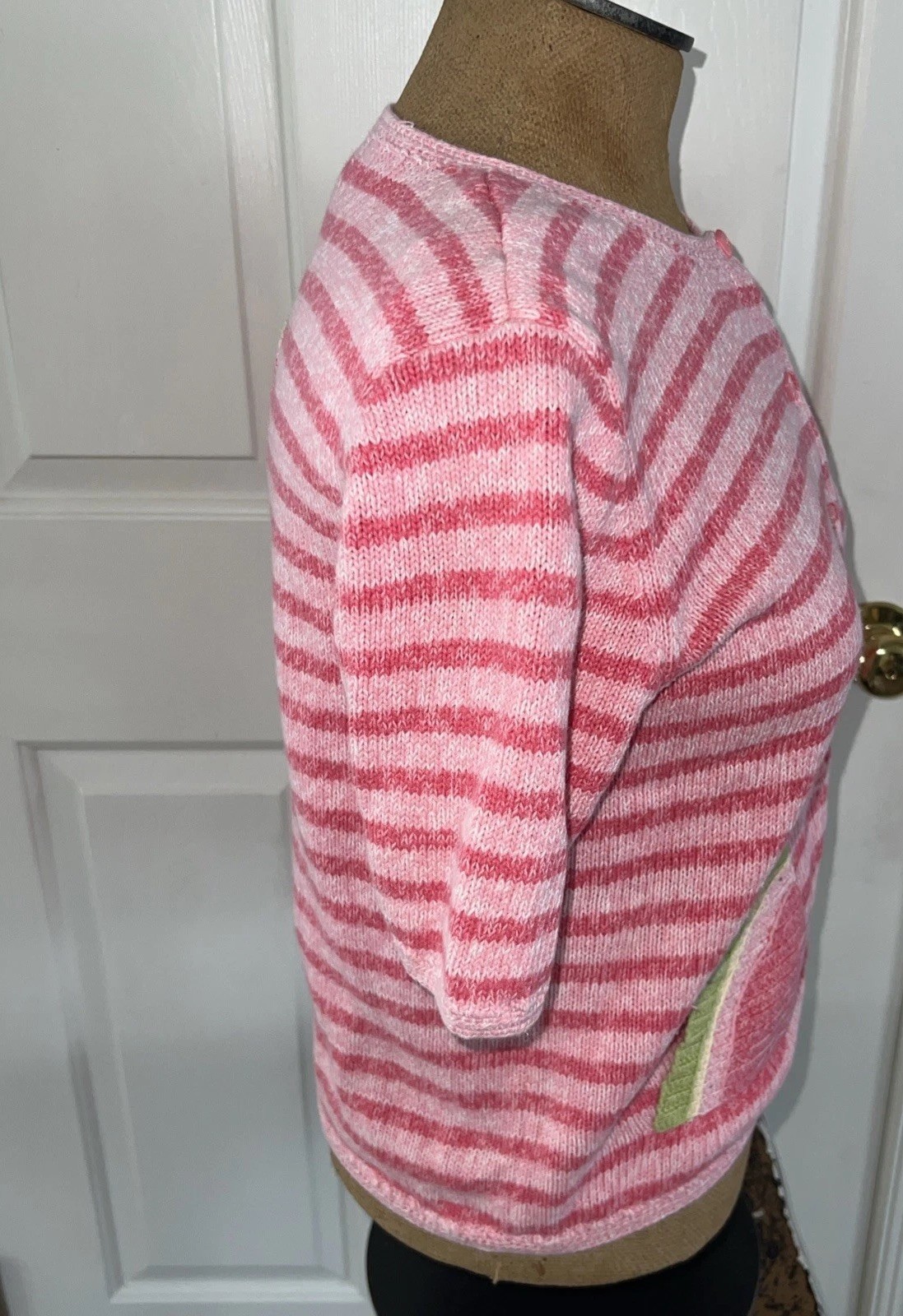Vtg Christopher & Banks Pink Stripe Hand Stitched Sweater Watermelon Pocket Sz S