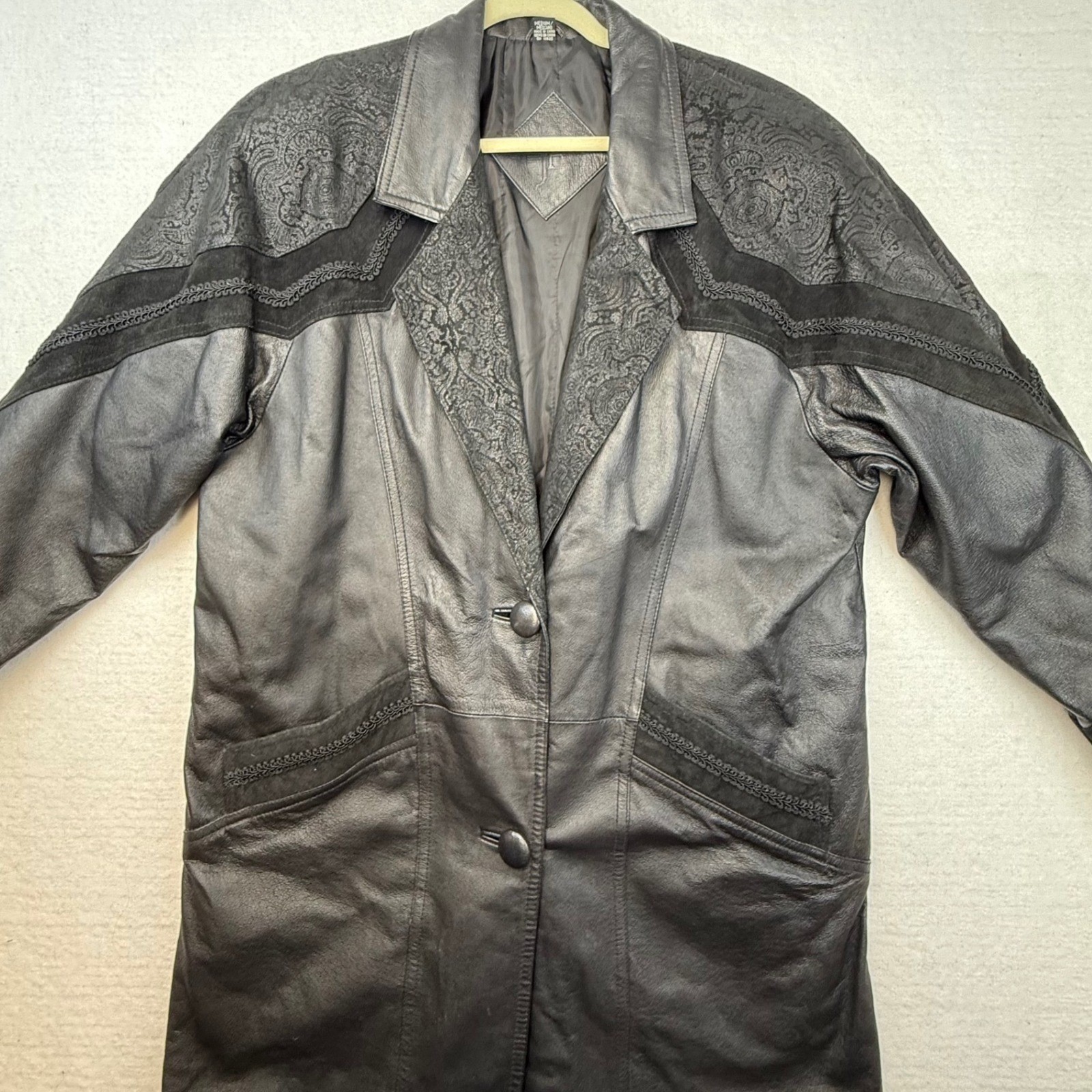 JF Leather Trench Coat Womens Medium Black VTG Retro 90s Lace Trim Western