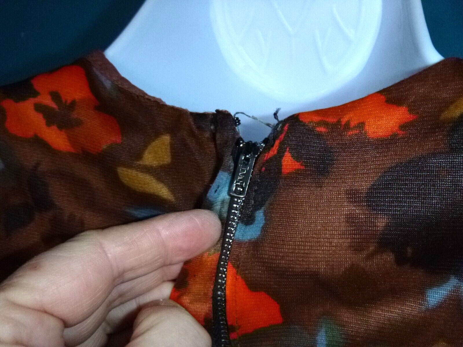 Vtg 60s Nylon Stretch Fabric Dress Multi Color Brown Orange Floral Sz S/M