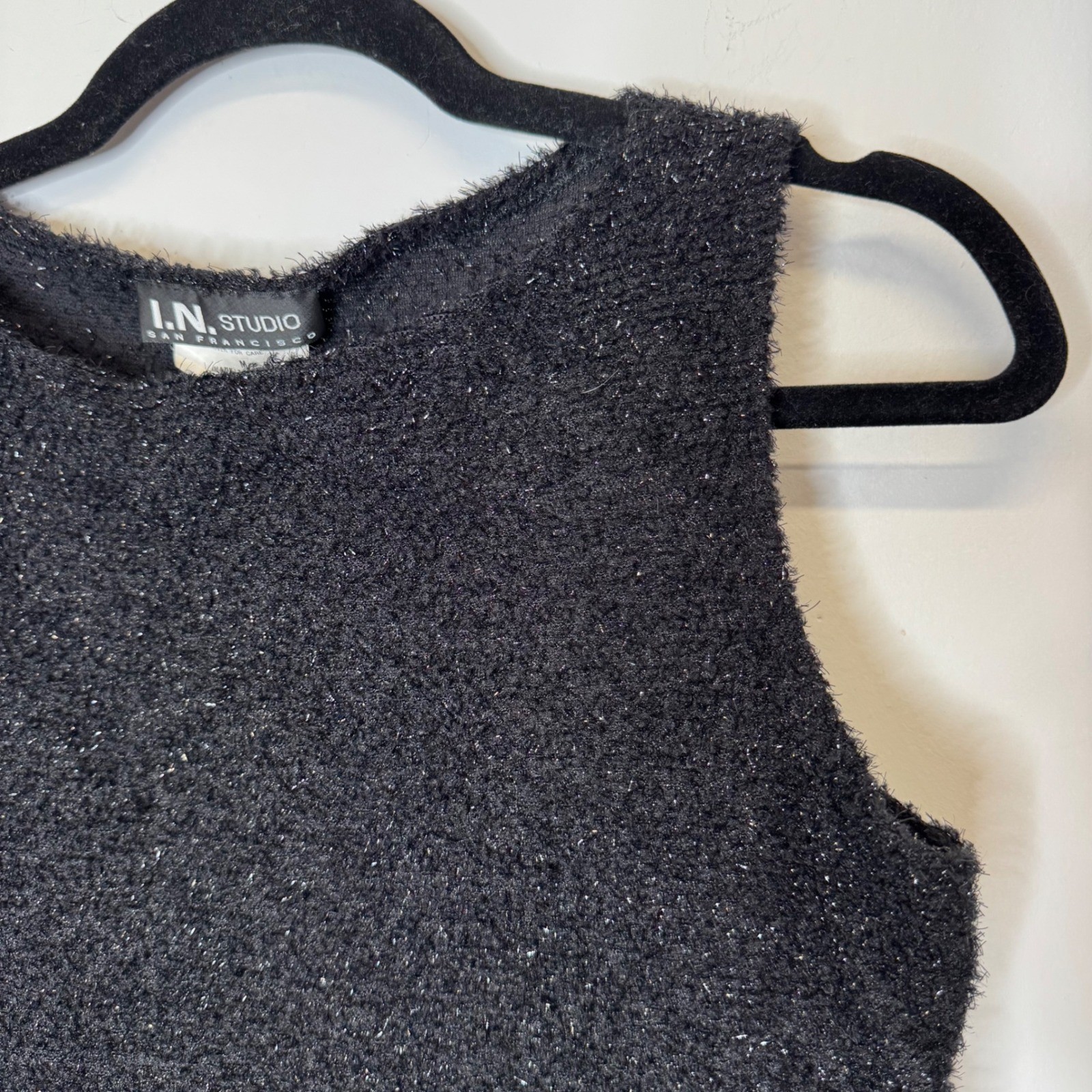 Vintage I.N. Studio Black Sparkly Eyelash Knit Sleeveless Top Y2K Made in USA M