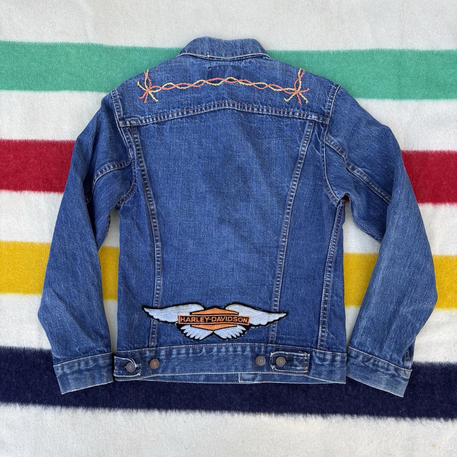 Vintage 1970s Levi’s Big E Denim Trucker Jacket Type 3 Embroidered Hippie Biker