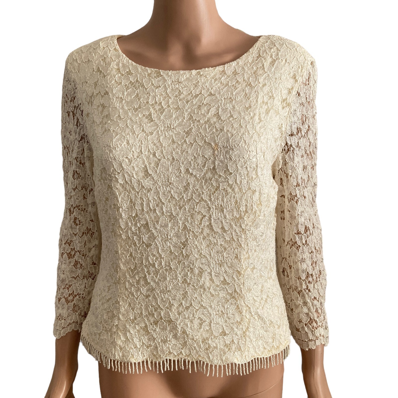 Vintage David Warren NY Blouse Womens 14 Lace Beaded Hem