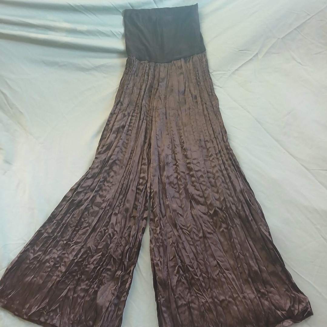 Vintage 80s black maxi pants with elastic waistband Wide Leg silky pleated