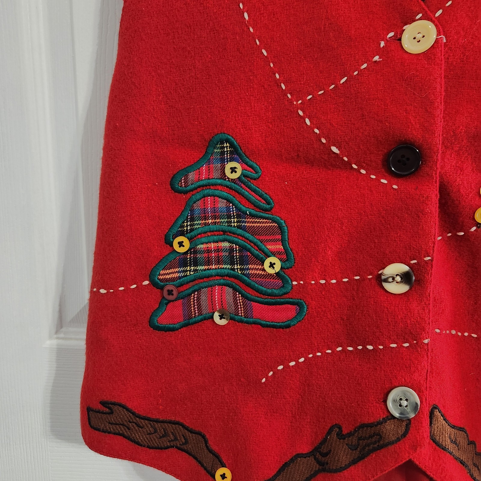 Vintage christmas vest wool holiday party lagenlook buttons embroidered women LG