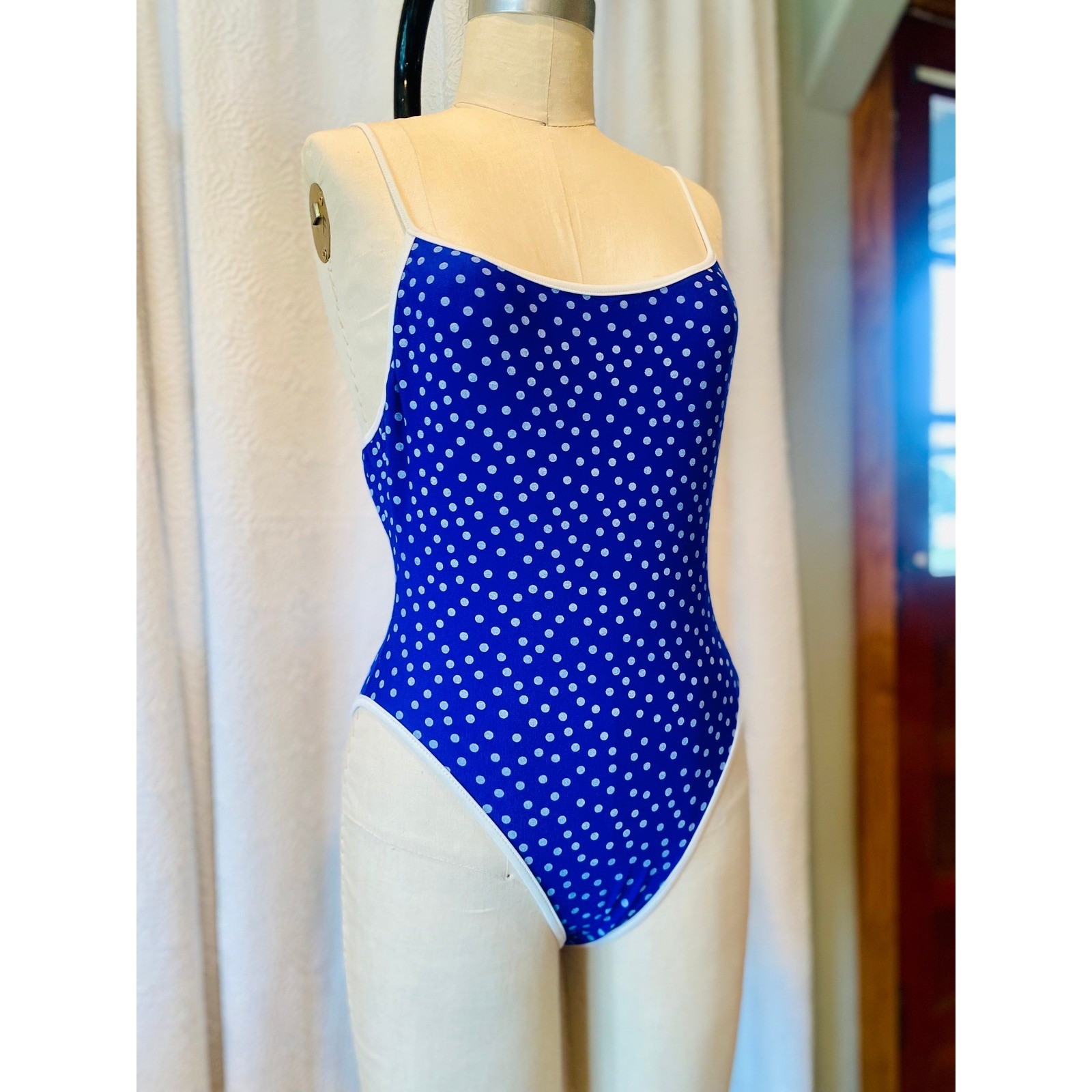 Vintage Polka Dot One Piece Swimsuit, Royal Blue, Size 7/8