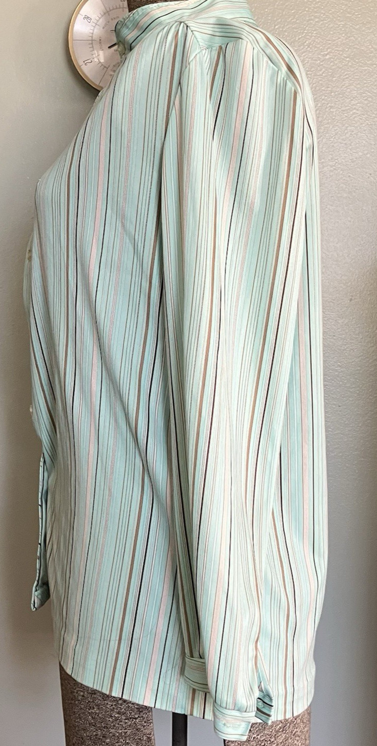Vtg Shirt 70s Polyester Top Collar Spring Pastel Stripes Pink Aqua Brown M/L